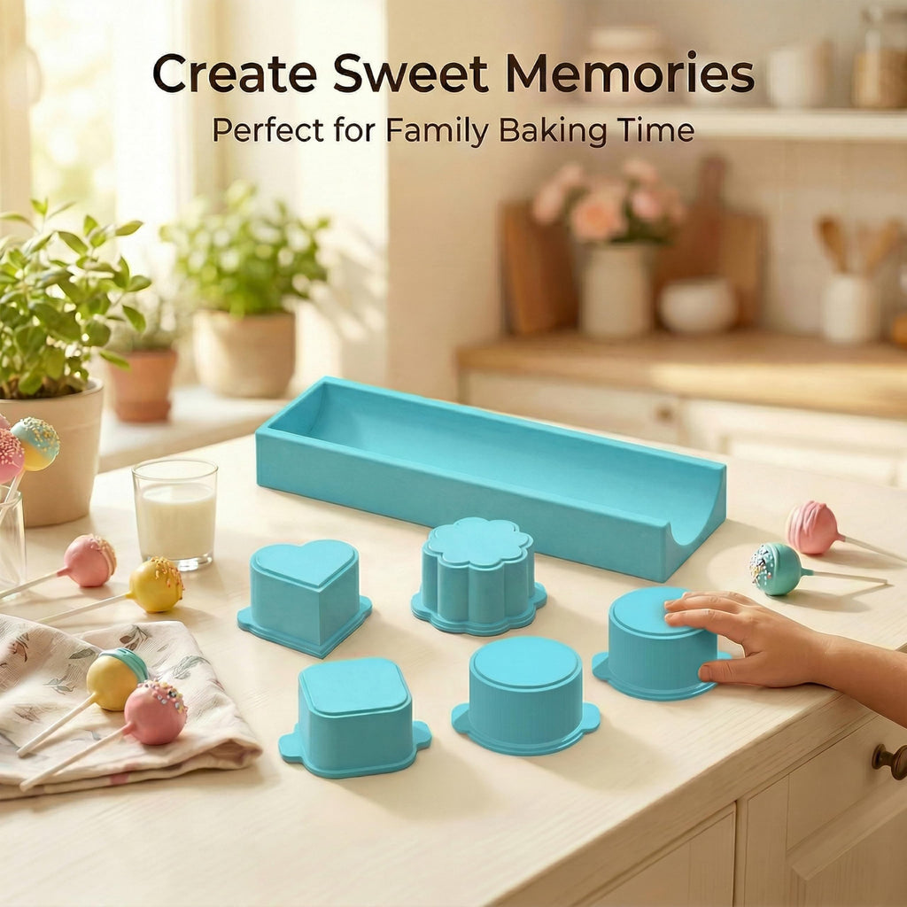 Cake Pop Mold Set with 6.3-Inch Tray, 5 Shapes (Round, Square, Oval, Cloud, Heart) - Cake Pop Cutter and Pusher for Home Baking, Birthday Parties, Wedding Desserts - Food Safe, Durable & Easy to Use