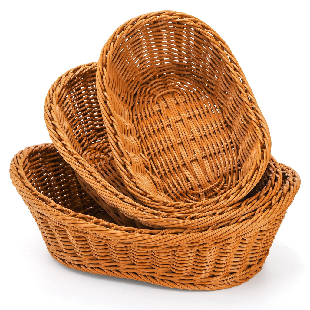 Yarlung 3 Pack Woven Breads Baskets, Oval Small Fruit Baskets Stackable Plastic Wicker Baskets for Serving Vegetables, Kitchen, Restaurant, Outdoor, Imitation Rattan Brown, 3 Sizes
