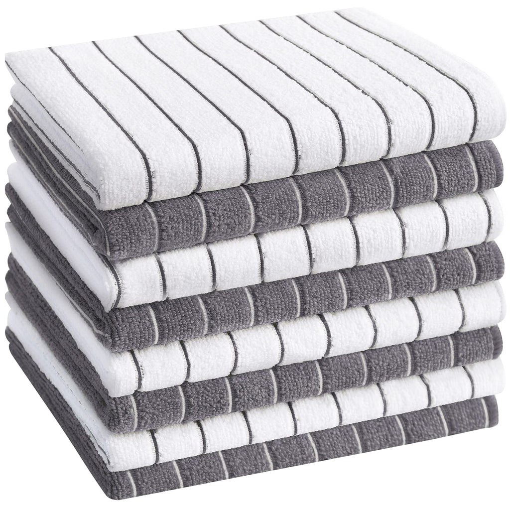 HYER KITCHEN Microfiber Kitchen Towels, Stripe Designed, Super Soft and Absorbent Dish Towels, Pack of 8, 18 x 26 Inch, Gray and White