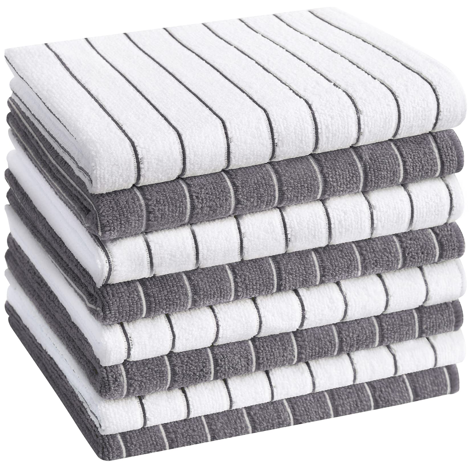 HYER KITCHEN Microfiber Kitchen Towels, Stripe Designed, Super Soft and Absorbent Dish Towels, Pack of 8, 18 x 26 Inch, Gray and White