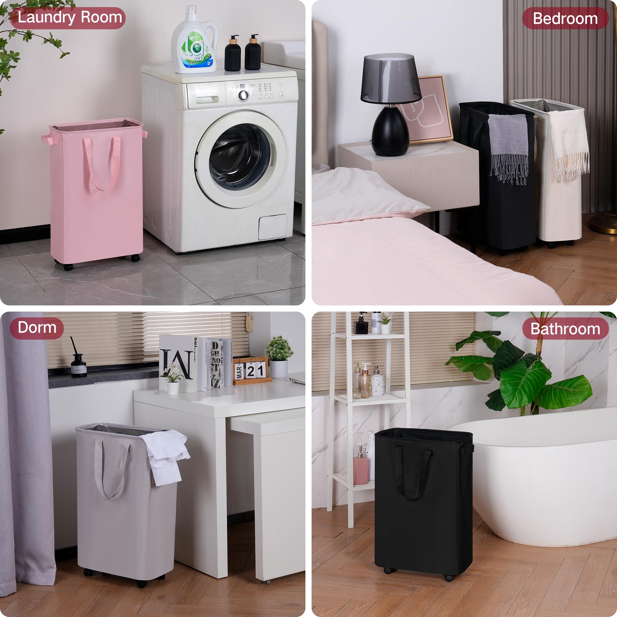 efluky Slim Laundry Hamper with Wheels, Rolling Laundry Basket for Clothes, Small Laundry Basket for Bedroom, Dorm and Laundry Room, 60L Beige