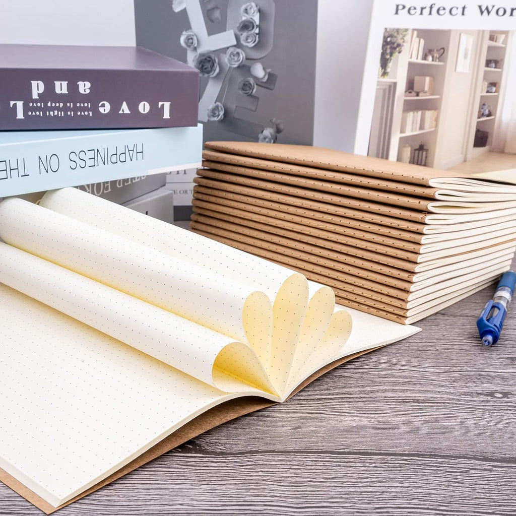 16 Pack Kraft Paper Journal Notebooks Bulk with Thick Dotted Grid Paper,Diary Subject Notebooks Planner for Travelers Students Office,A5 Size,40 sheets/80 Pages (Brown)