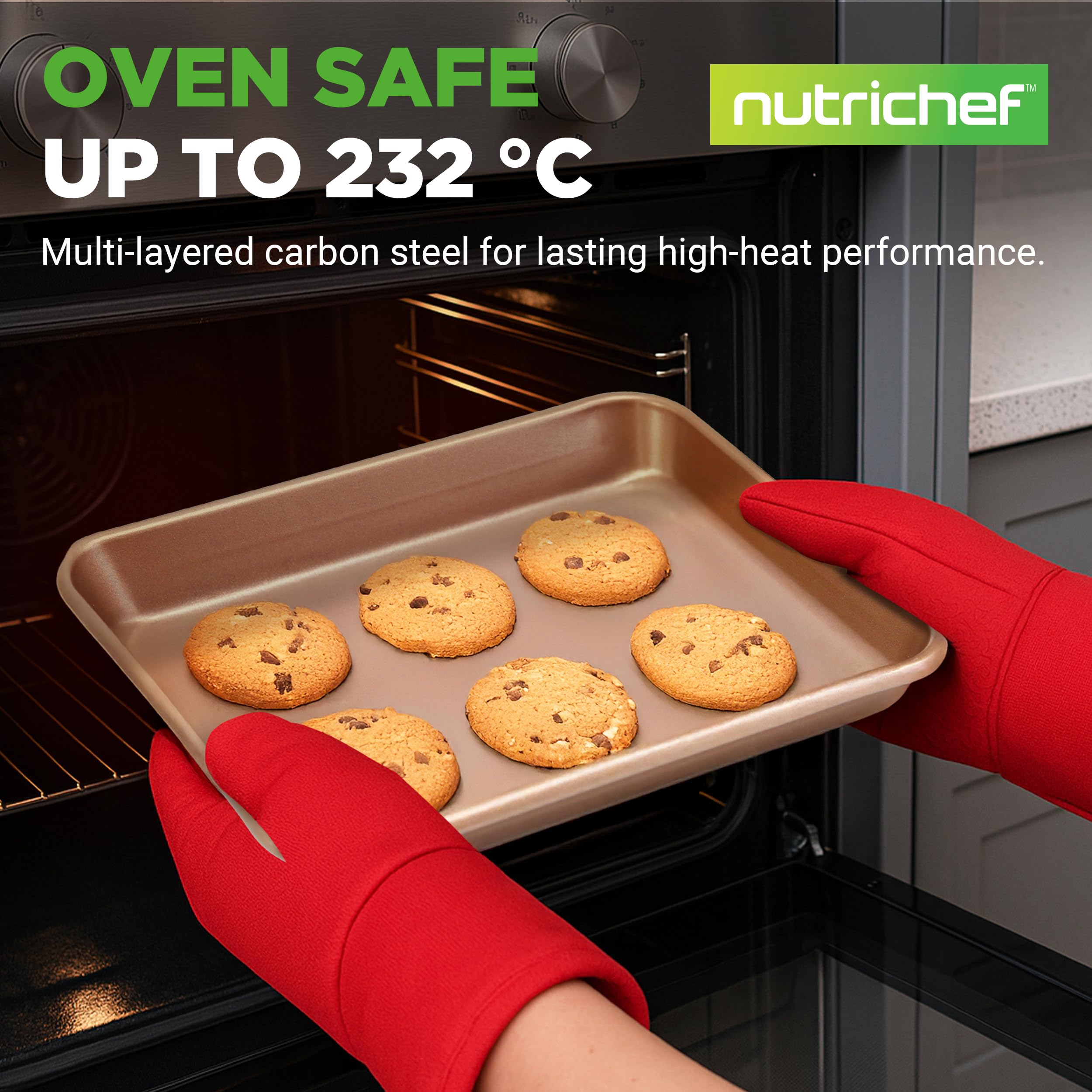 NutriChef Cookie Sheets - 2pc Nonstick Carbon Steel Baking Pan Set, PFOA, PFOS, PTFE Free Coating, Quarter and Jelly Roll Oven Trays, Great for Cookies, Roasting and More