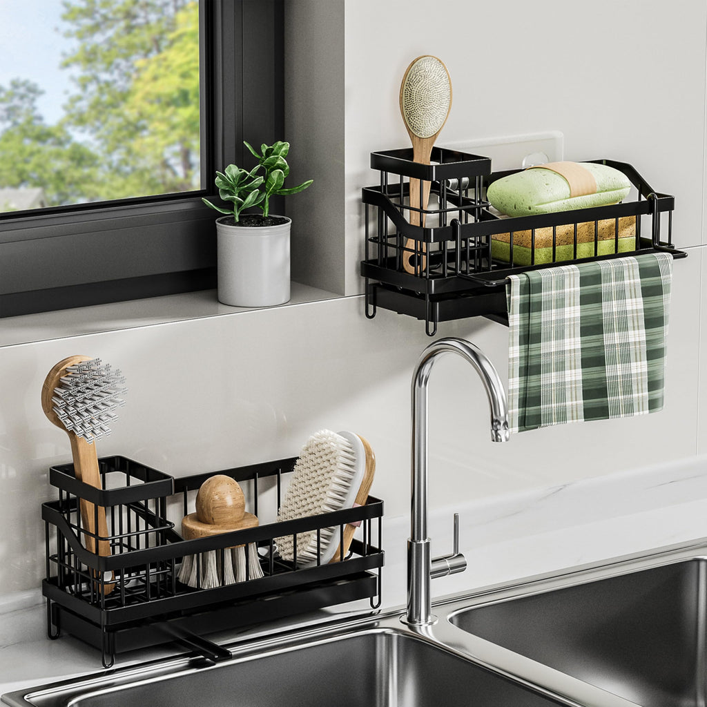 Kitchen Sink Caddy Organizer-Sponge Holder for Kitchen Sink with Brush Holder,Kitchen Organizer Countertop Rustproof, Multi-functional Soap Dispenser,Bath Organizers and Storage Accessories