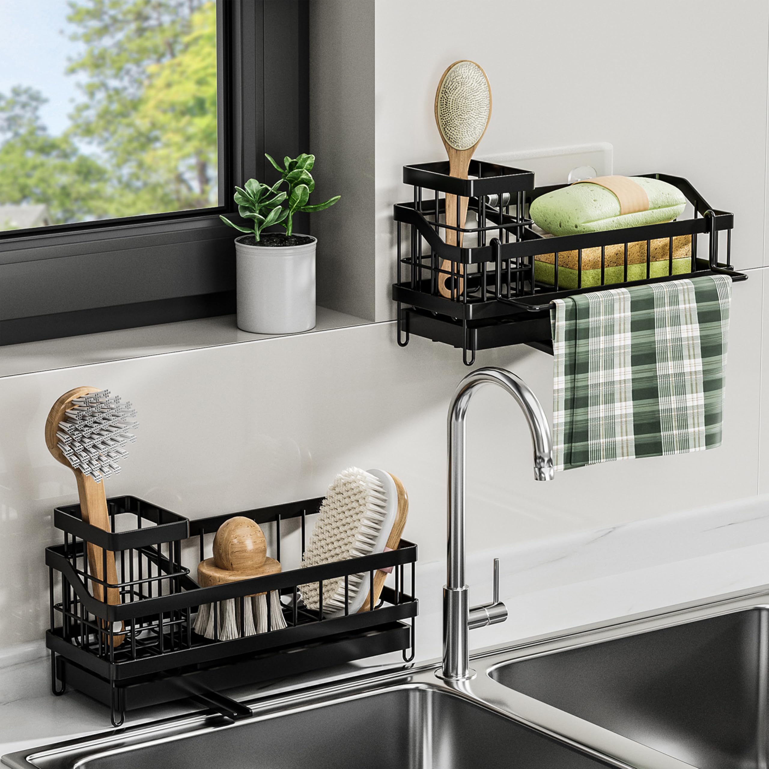 Kitchen Sink Caddy Organizer-Sponge Holder for Kitchen Sink with Brush Holder,Kitchen Organizer Countertop Rustproof, Multi-functional Soap Dispenser,Bath Organizers and Storage Accessories