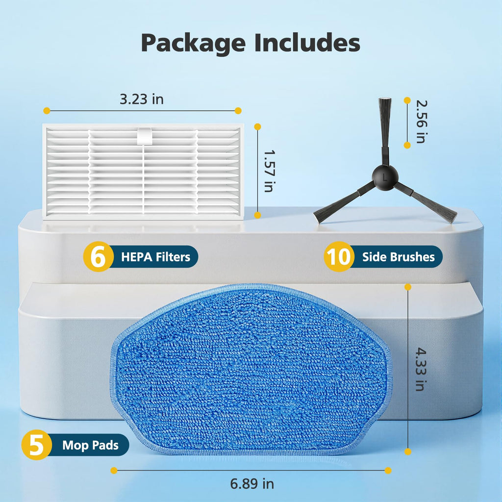 Replacement Parts for MAMNV, ZCWA, MANVINS G20, GTTVO, ONSON BR150/BR151 Robot Vacuum Accessories Kit - 6 Filters, 5 Mop Pads, 10 Side Brushes