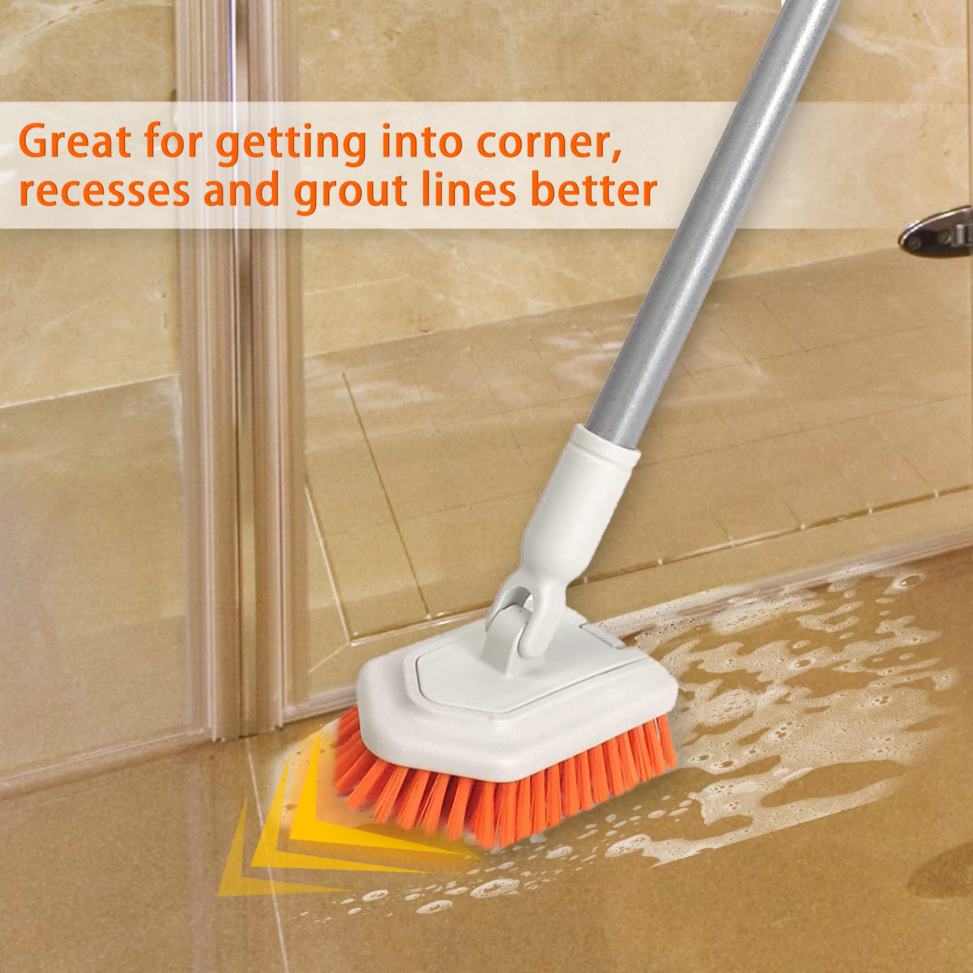 JEHONN Shower Scrubber 2-in-1 Tub and Tile Cleaning Brush with Long Handle, Detachable Stiff Bristle Scrub Brush and Sponge Head for Bathroom, Bathtub, Floor