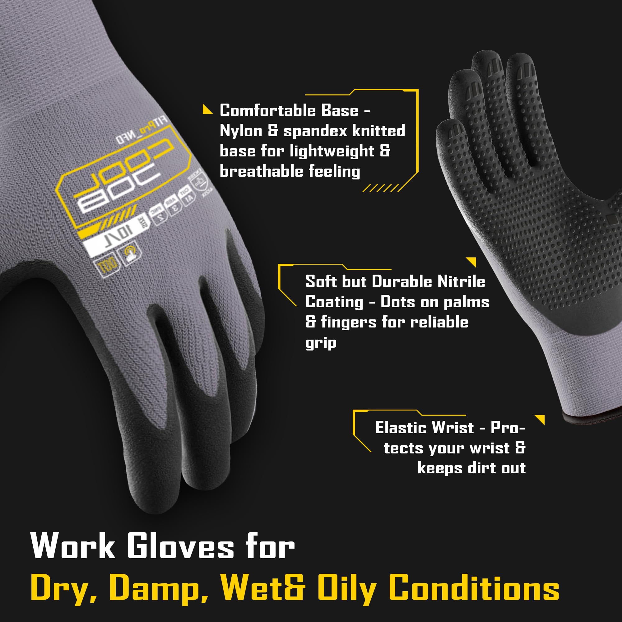 COOLJOB 3 Pairs Nitrile Rubber Coated Nylon Safety Work Gloves for Men, Dotted for Non-Slip Grip, Lightweight Breathable Seamless Knit, for Mechanics, Warehouse, Gardening, Grey, Medium