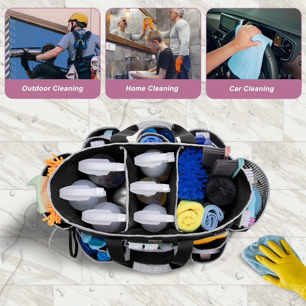 LoDird Cleaning Caddy Bag with 3 Compartments and Multifunctional Pockets, Cleaning Supplies Organizer for Cleaning Work with Handle and Shoulder Strap, Gray