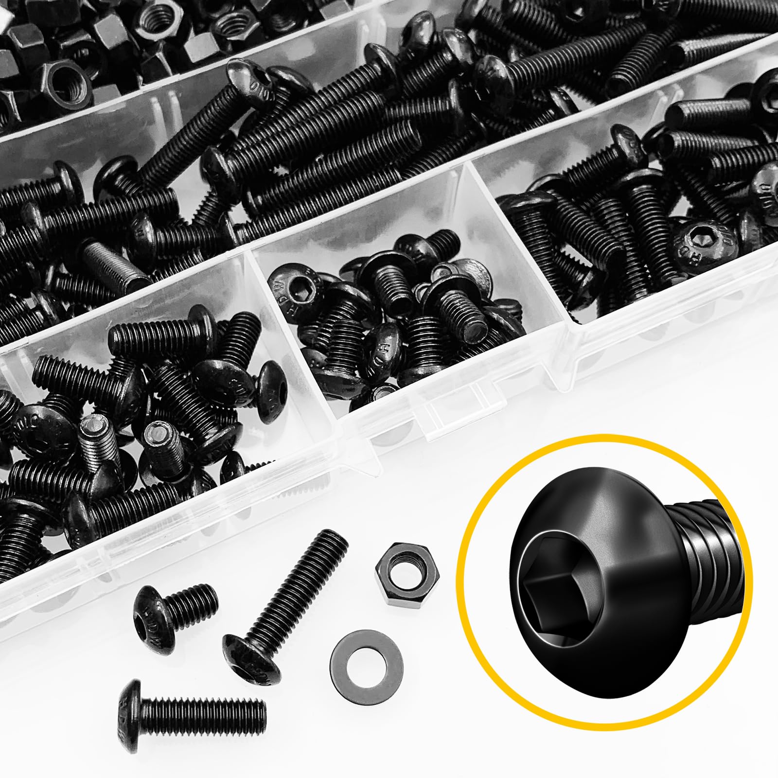 420Pcs M5 Nuts and Bolts, M5 Screws x8mm/12mm/16mm/20mm/25mm/30mm, Metric Screw Assortment 10.9 Grade Alloy Steel, Hex Button Head Cap Metric Screws, Flat Washers/Nuts/Hex Wrenches Black by Mywish