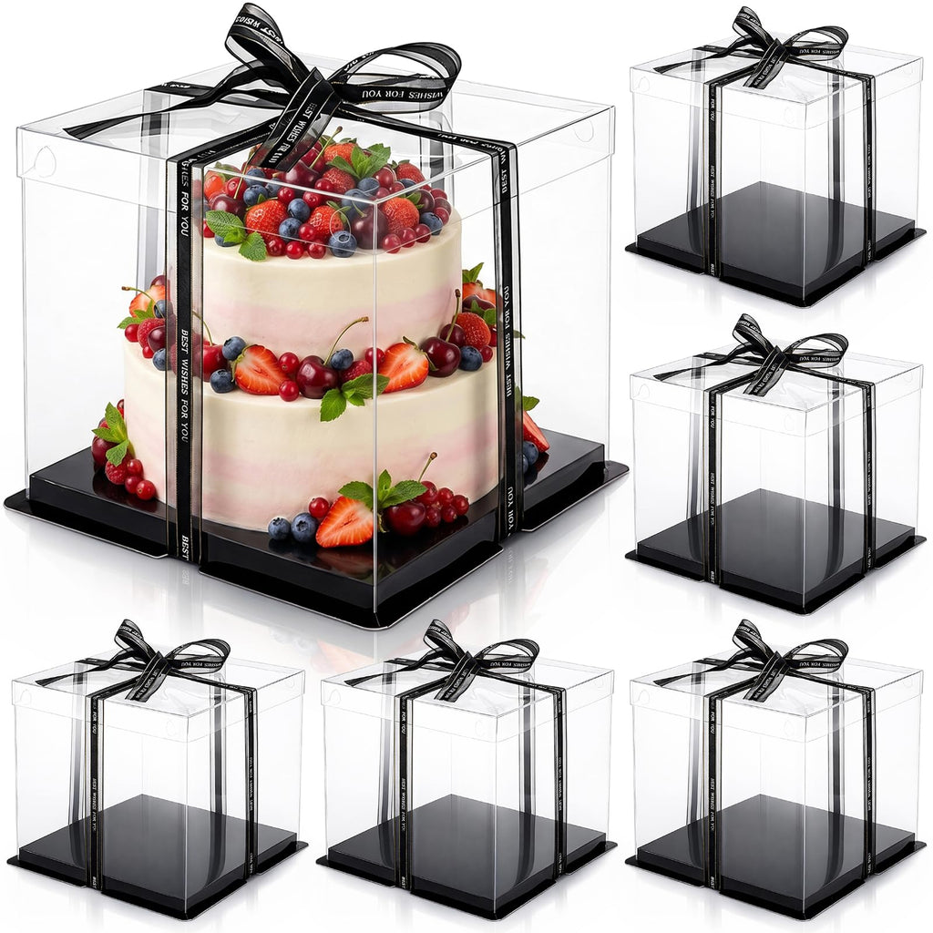 Cididu 6 Pack Clear Cake Box with Ribbon, 2-Layer Tall Cake Carrier Boxes, Packaging Boxes 10x10x9 Inch, PET Clear Gift Box with Lid, Transparent Cake Containers for Birthday Party Wedding
