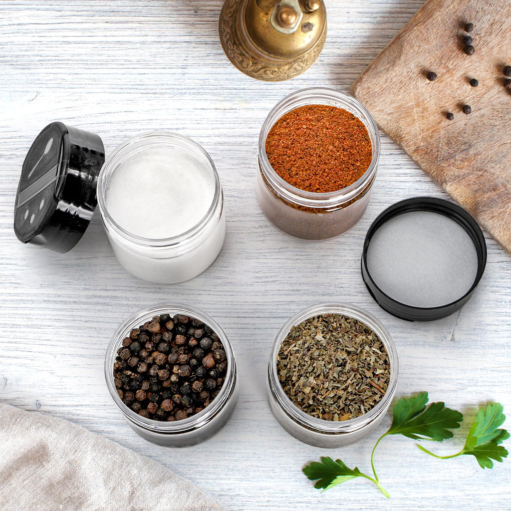 Foraineam 30 Pack Clear Plastic Jars 4 oz Mini Seasoning Bottles Spice Jars with Black Flip Cap to Pour Or Shaker, Round Food Safe Storage Containers with Lids for Spice Powders Cosmetics Crafts