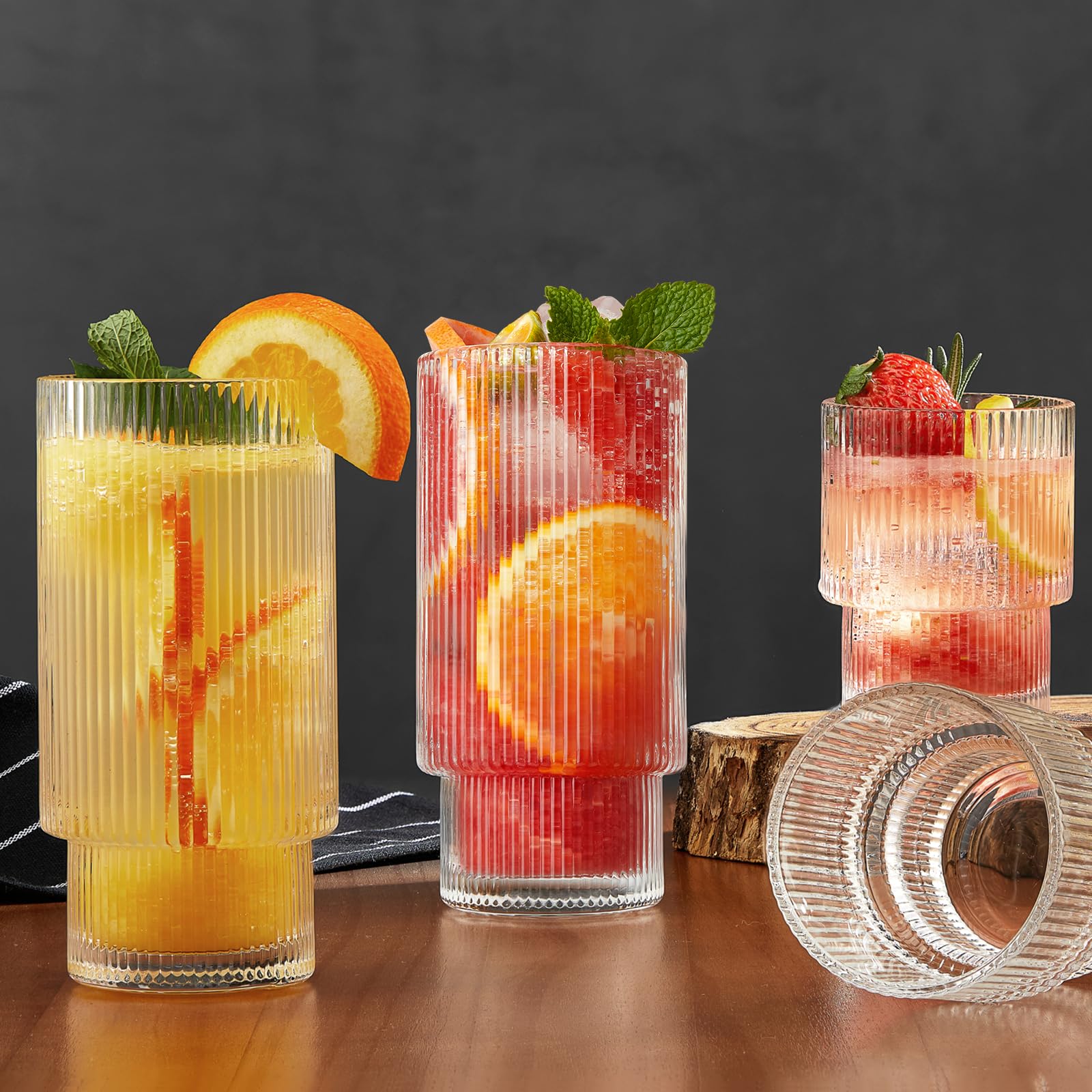 Qipecedm 6 Pack Ribbed Drinking Glasses - 16 oz Vintage Glass Cups, Highball Cocktail Glasses, Premium Iced Coffee Tumblers, Elegant Glassware for Water, Juice, Whiskey, Beer