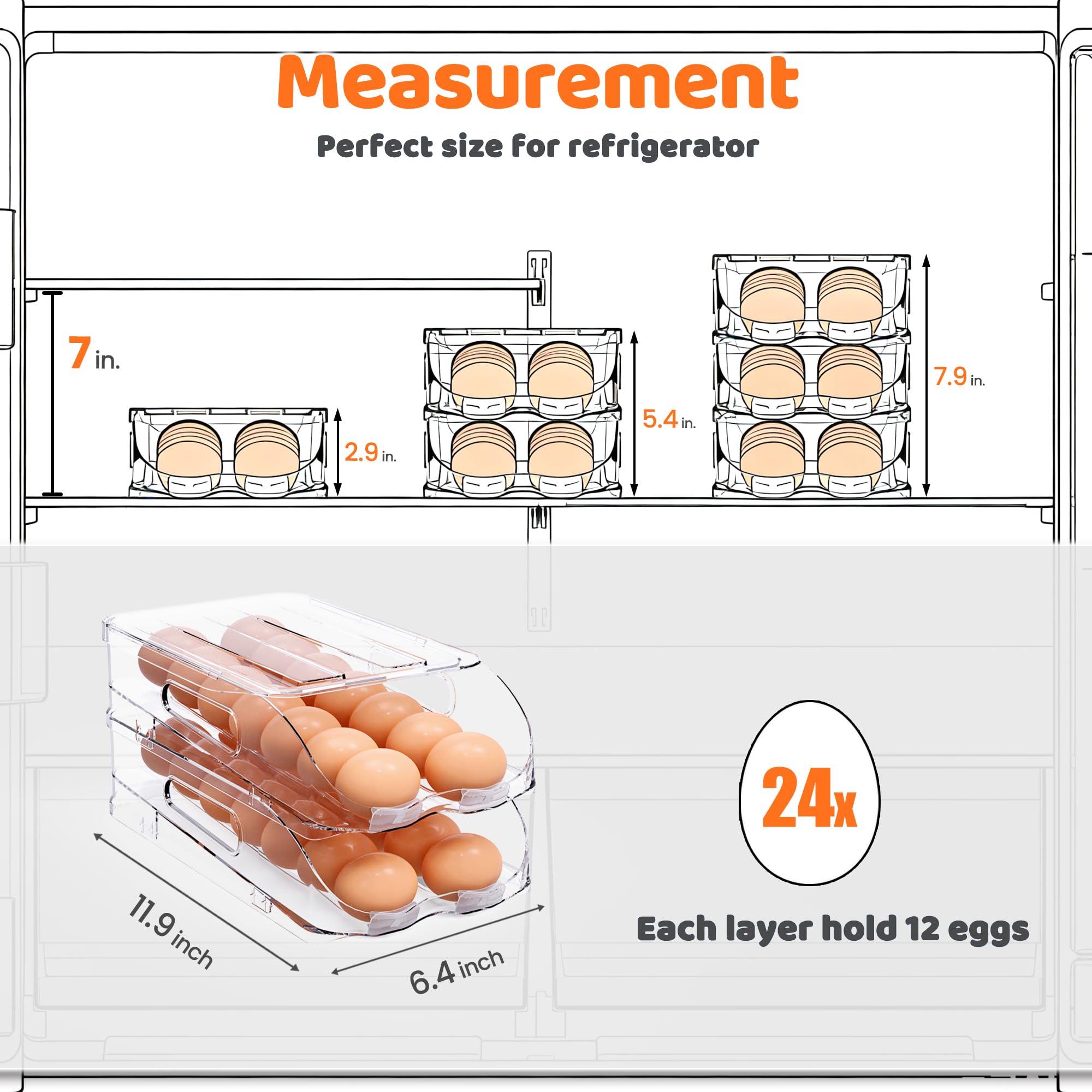 SMRCAD Egg Holder for Fridge, Automatic Stable Rolling Egg Dispenser with Handle & Silicone Pad for Refrigerator, Large Capacity Egg Organizer with Lid (2 Tier Holder 24 Eggs（M SIZE）)
