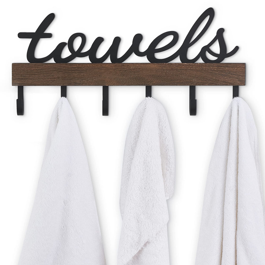 Dahey Small Towel Rack with 6 Hooks, Towel Holder Wall Mount Bathroom Organizer Rustic Farmhouse Home Decor Hanger Storage Hooks for Towel, Robe, Bag, 15" L X 6.7" H, Brown