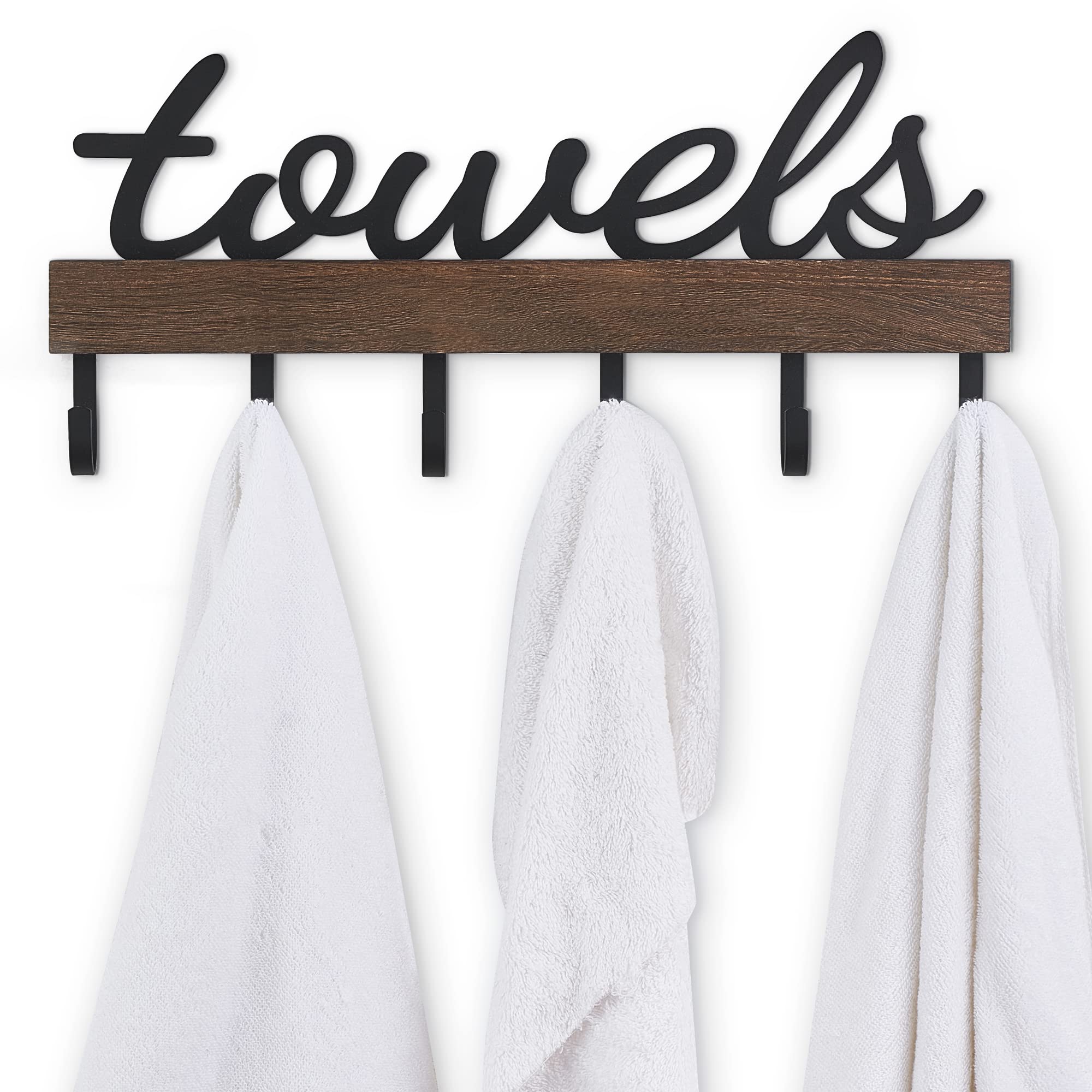 Dahey Small Towel Rack with 6 Hooks, Towel Holder Wall Mount Bathroom Organizer Rustic Farmhouse Home Decor Hanger Storage Hooks for Towel, Robe, Bag, 15" L X 6.7" H, Brown