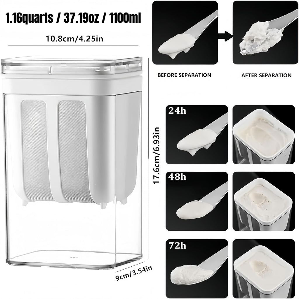 Yogurt Strainer—[1.16QT/ 0.29GAL] Total & [0.55QT/0.1375GAL] Filter, Greek Yogurt Strainer Yogurt Press, BPA-Free PP Strainer for Whey Separation & Greek Yogurt Maker(Total1.16QT)