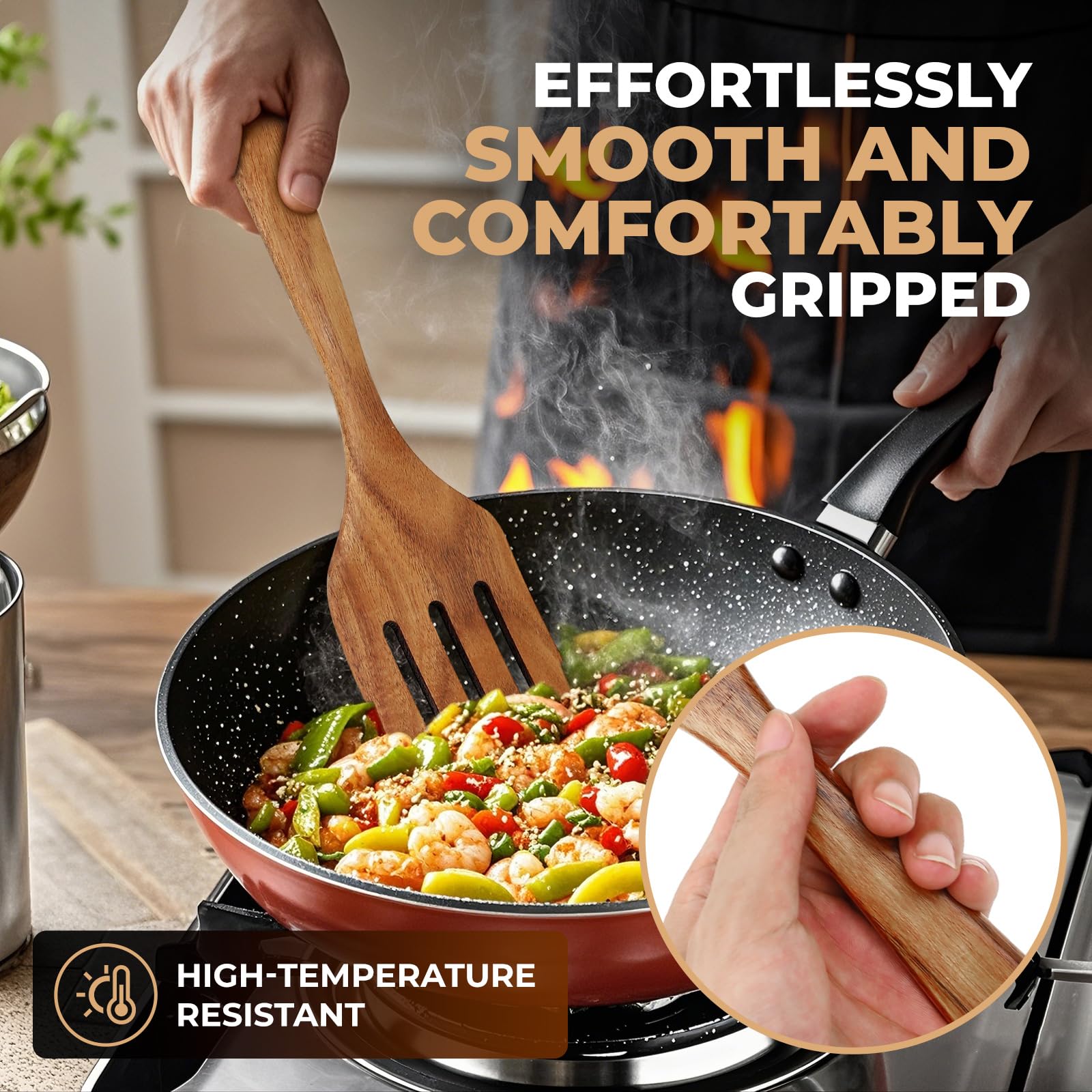 AIUHI Wooden Spatula for Cooking, 4Pcs Natural Teak Wood Turner Set for Nonstick Cookware, Wooden Cooking Utensil Set for Frying, Flipping, Scraping, and Turning