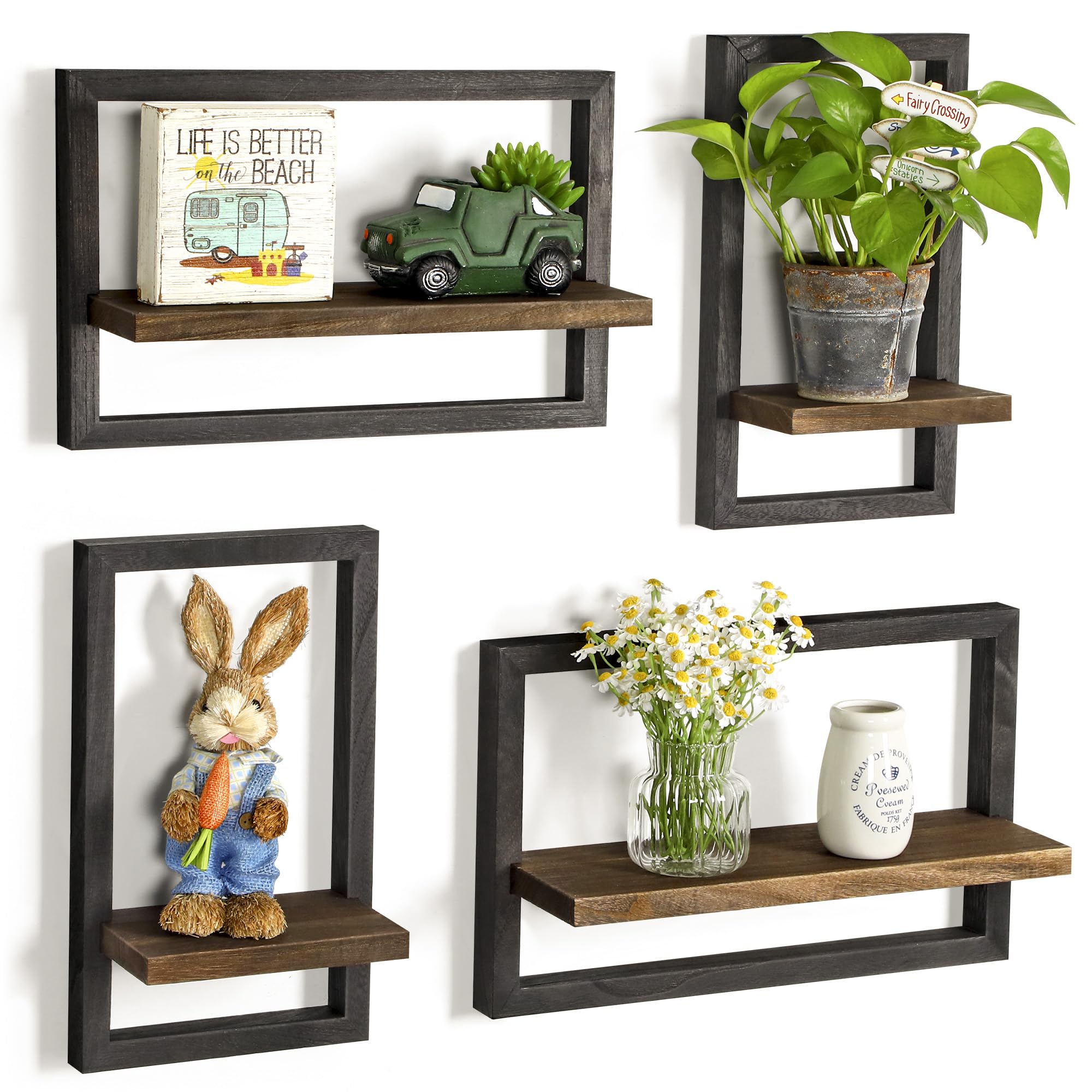 DifferTemp Floating Shelves for Wall, Modern Farmhouse Wall Shelves Decor Set of 4, Wall Mounted Rustic Wood Shelves for Wall Decor and Small Plants, Living Room, Bedroom, Bathroom, Home Office, Black