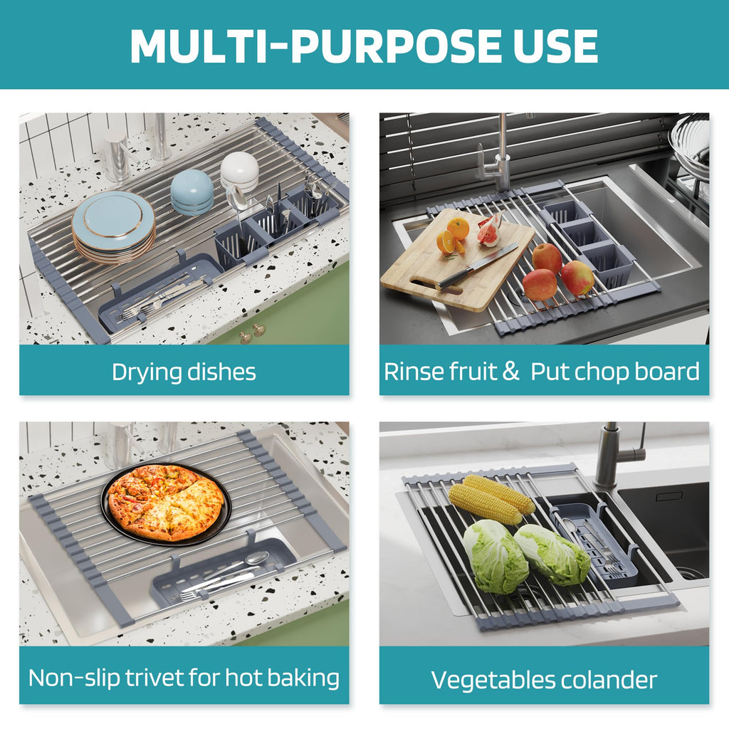 Expandable Roll Up Dish Drying Rack Up to 22.8''with 2 Storage Baskets,Over The Sink Kitchen Rolling up Dish Drainer Dish Drying Rack in Sink, Foldable,Rollable,for Kitchen Dishes,Cups,Fruits,Forks