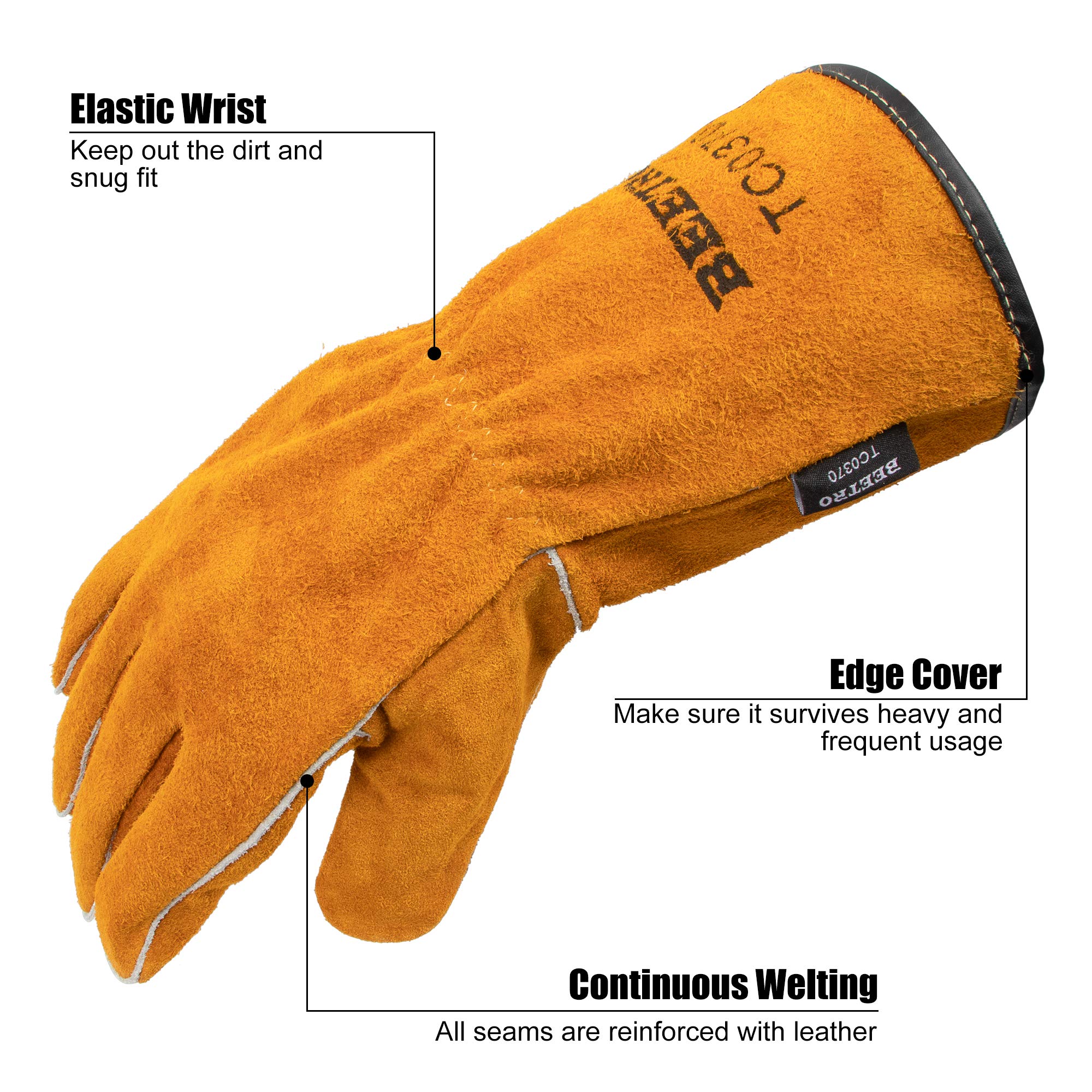 BEETRO Welding Gloves 1 Pair, Cow Leather Forge/Mig/Stick Welder Heat/Fire Resistant, Mitts for Oven/Grill/Fireplace/Furnace/Stove/Pot/Wood Burner/BBQ/Animal handling glove with Soft Lining