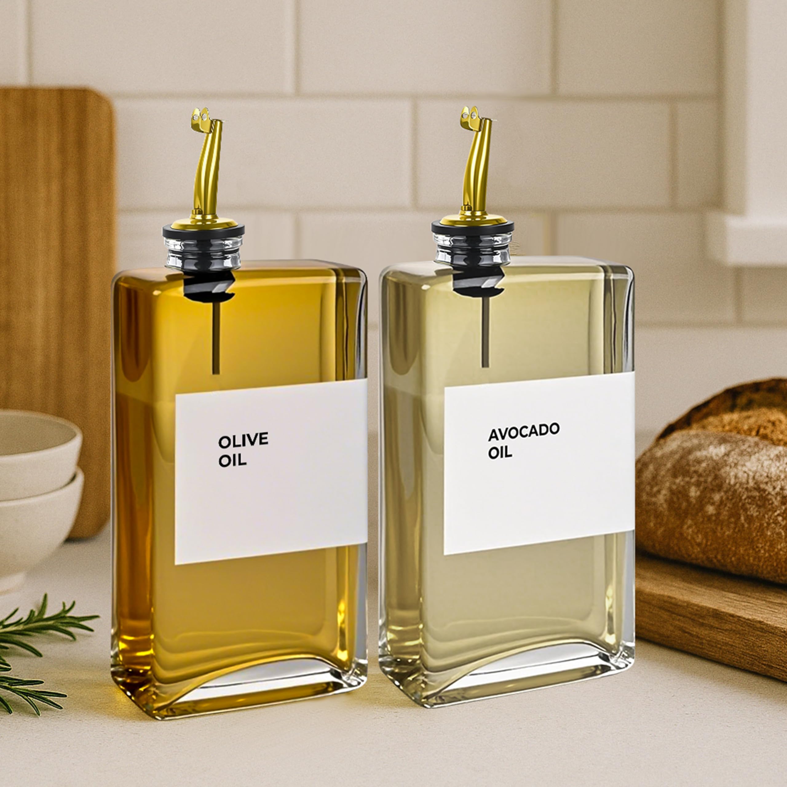 Spaceneat Olive Oil Dispenser Bottle – Includes 48 Kitchen Essential Labels – Cooking Oil Bottles for Kitchen, Coffee Syrup Dispenser – Pourer Spout with 350 mL Glass Container Cruet – 2pcs, Gold