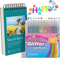 Xmusk 18 Colors Glitter Gel Pen & A5 Art Sketchbook Gift Set - 50 Sheets 120gsm Drawing Pad for Painting & Writing, Perfect Birthday, Opening, Christmas Gift(XGP-18)