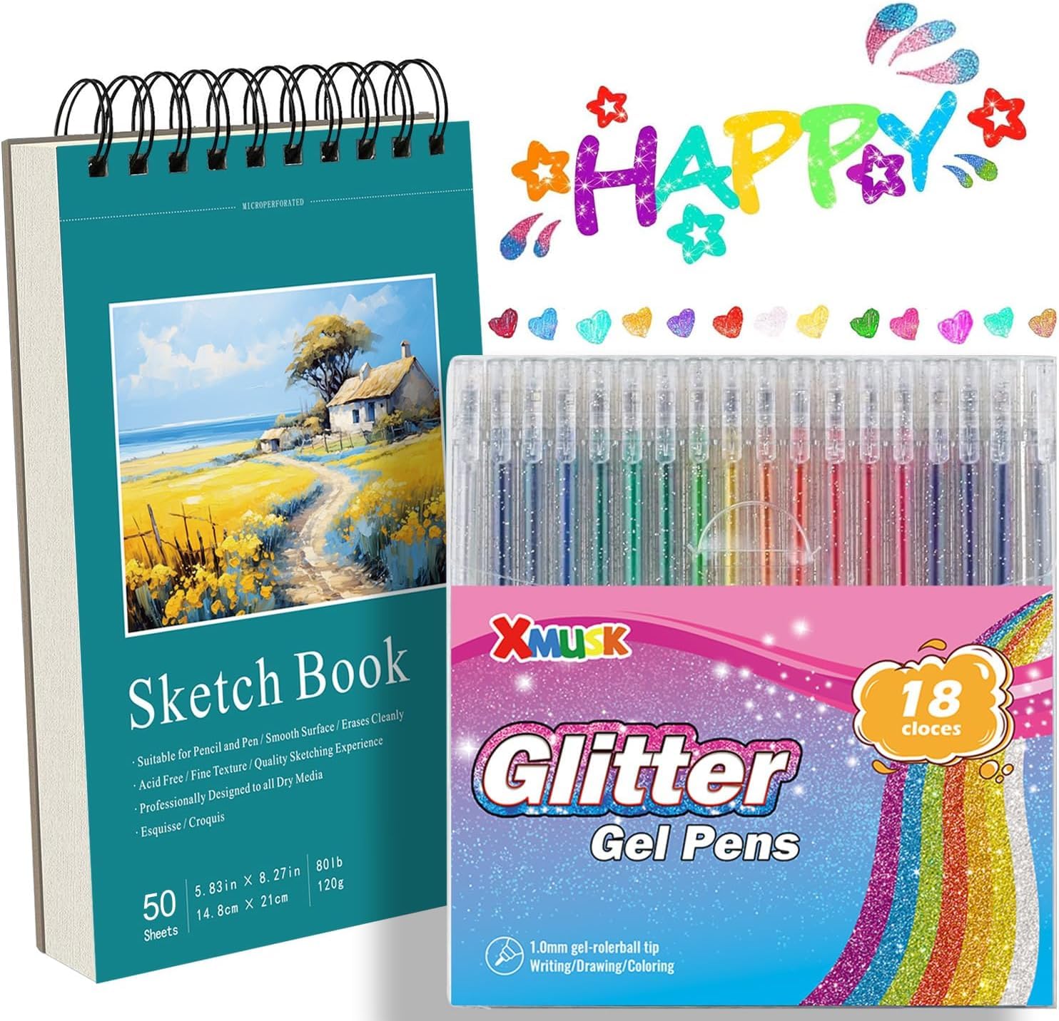 Xmusk 18 Colors Glitter Gel Pen & A5 Art Sketchbook Gift Set - 50 Sheets 120gsm Drawing Pad for Painting & Writing, Perfect Birthday, Opening, Christmas Gift(XGP-18)
