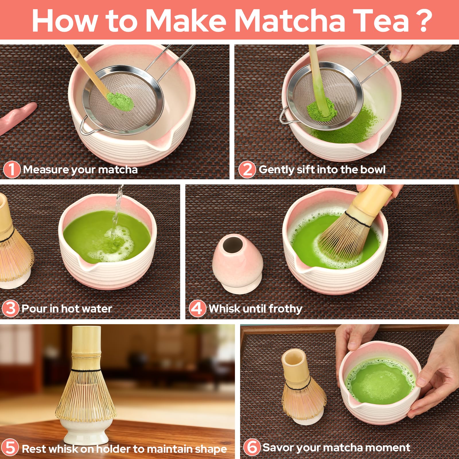 Ceecysaa Matcha Whisk Set, 7 Pcs Matcha Set, Matcha Kit for Ceremony, Matcha Tea Set for Making Breakfast/Matcha Latte, Matcha Whisk and Matcha Whisk and Bowl, As A Gift, Gradient Pink
