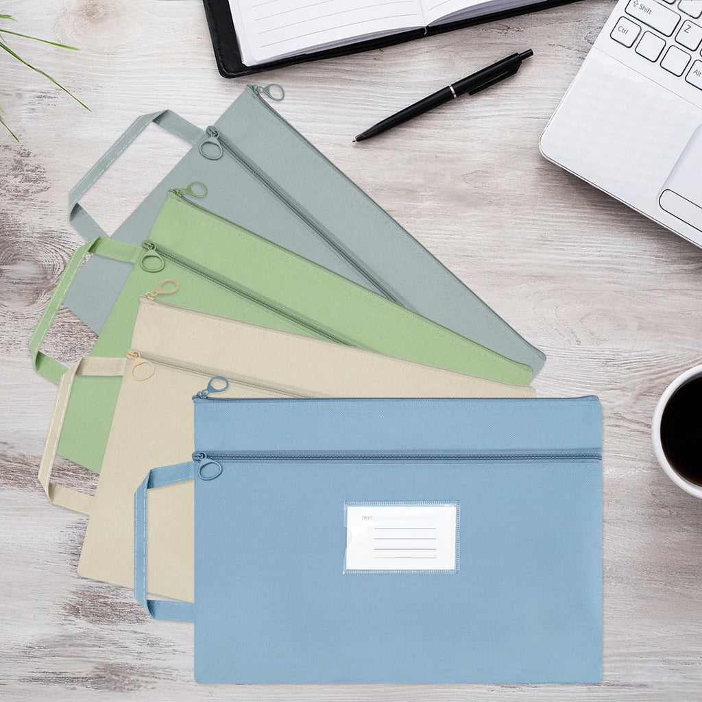 Diakey 4 Pack A4 Waterproof Document Bag with Handle, Double Pocket Zippered Canvas File Bag Pouch Document Holder, with Card Pocket for Paper Book Project Office Travel, A4