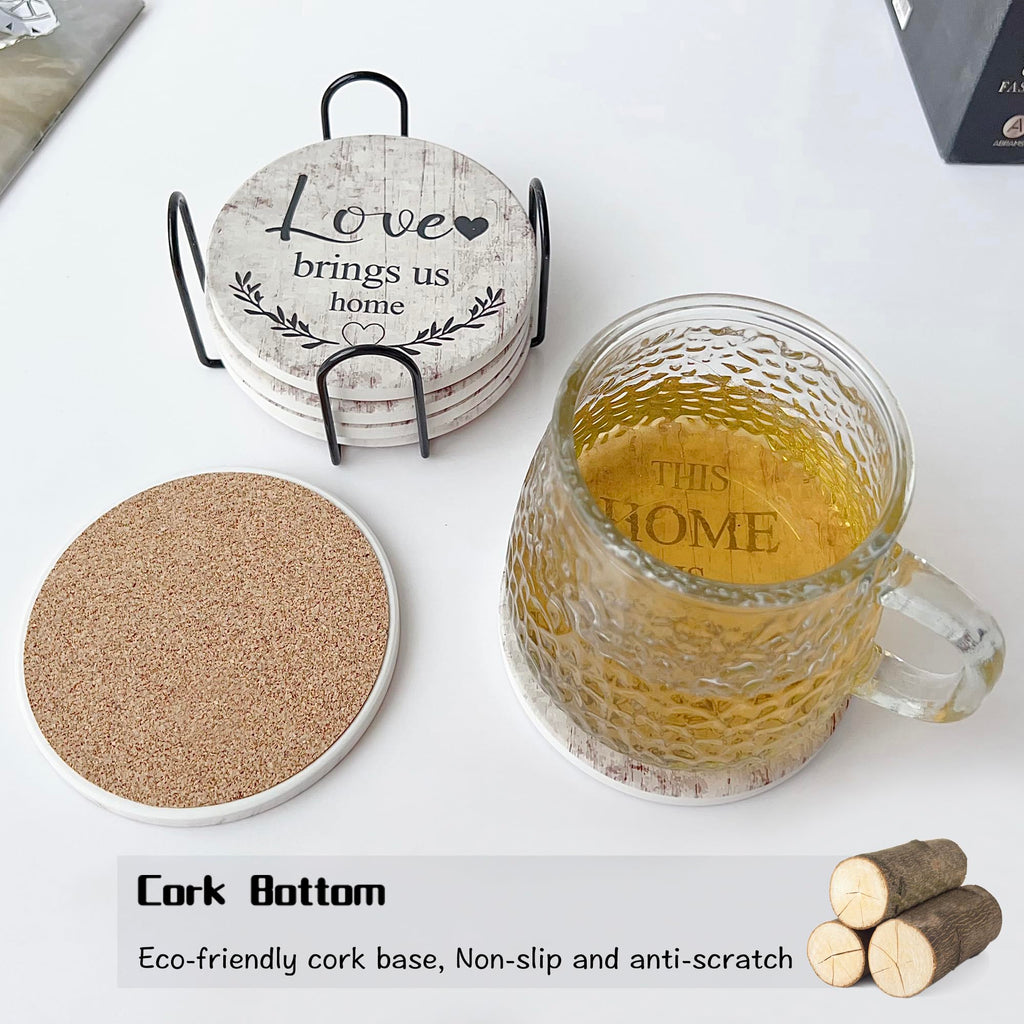 Valdivia 6 Pcs Ceramic Drink Coasters with Blessing Verses, White Marble Style Absorbent Stone Cork Base - 4 Inches Coasters & Metal Holder for Coffee Table, Home Decor Housewarming Gifts