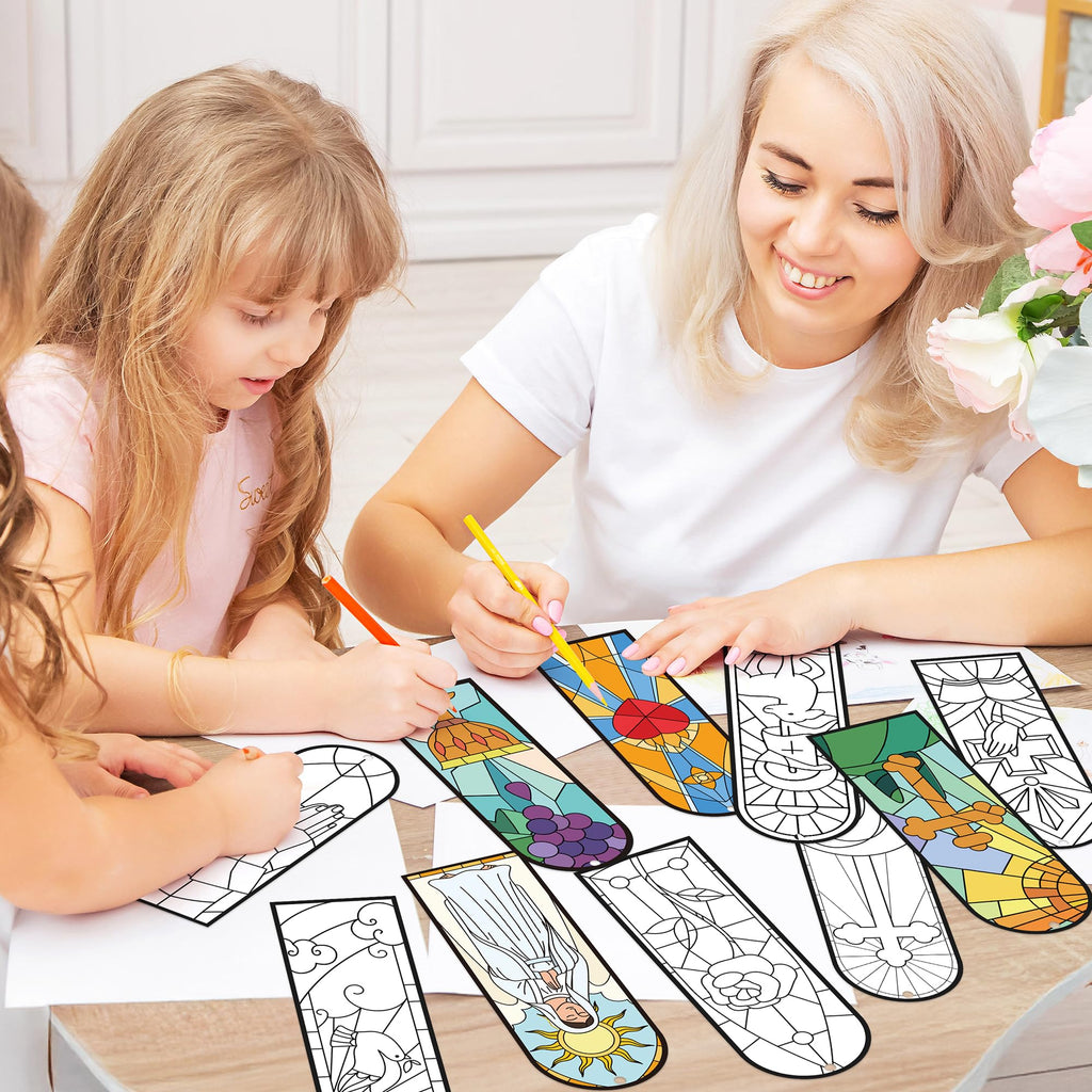 100Pcs Easter He is Risen Color Your Own Bookmarks Double-Sided Stained Glass Style DIY Coloring Blank Bookmarks Religious Christian Sunday School Church Resurrection Cross DIY Crafts Gifts for Kids