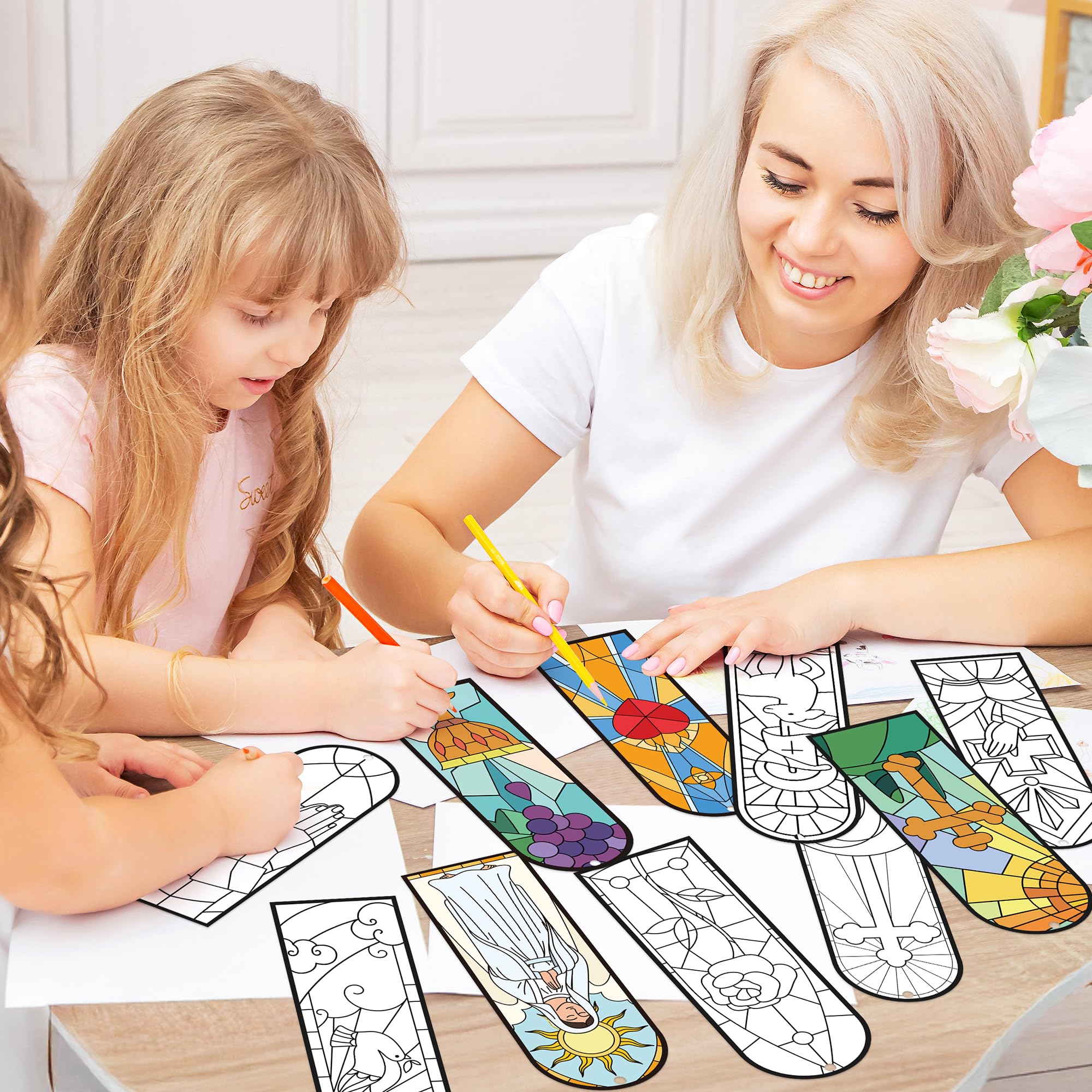 100Pcs Easter He is Risen Color Your Own Bookmarks Double-Sided Stained Glass Style DIY Coloring Blank Bookmarks Religious Christian Sunday School Church Resurrection Cross DIY Crafts Gifts for Kids