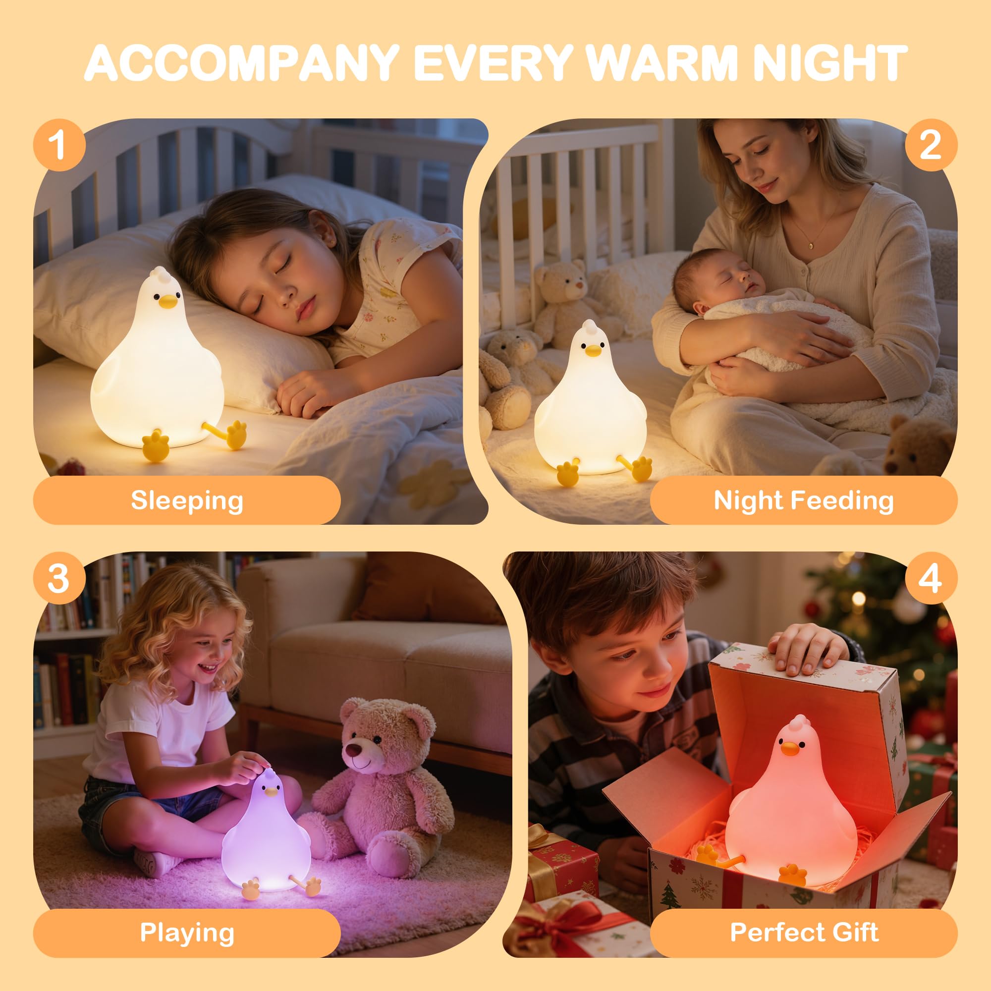 Auxmir Peepi Chick Night Light, Rechargeable LED Night Lamp with 7 Color Modes & 3 Level Brightness, Silicone Sleep Touch Night Light with Timer for Bedroom Nursery Decor, Ideal Gift for Baby Kids