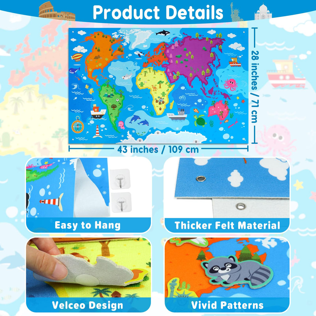 Taika 43x28 inch World Map Felt Board Set, World Map Felt Story, Inertactive Geography Flannel Board, Thicker Flannel Board Set, Preschool Learning Toy for 4+