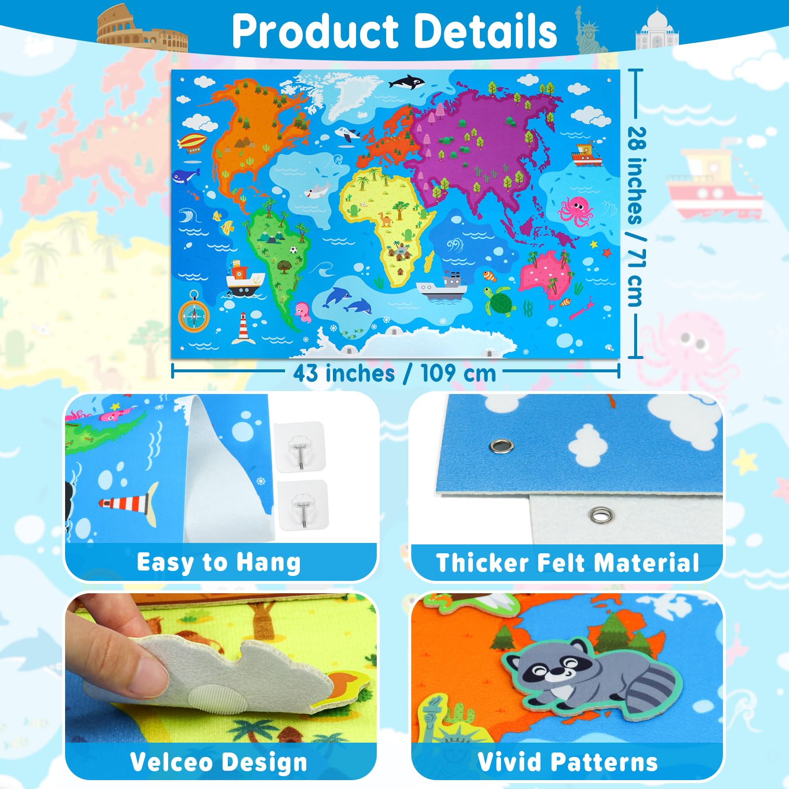 Taika 43x28 inch World Map Felt Board Set, World Map Felt Story, Inertactive Geography Flannel Board, Thicker Flannel Board Set, Preschool Learning Toy for 4+