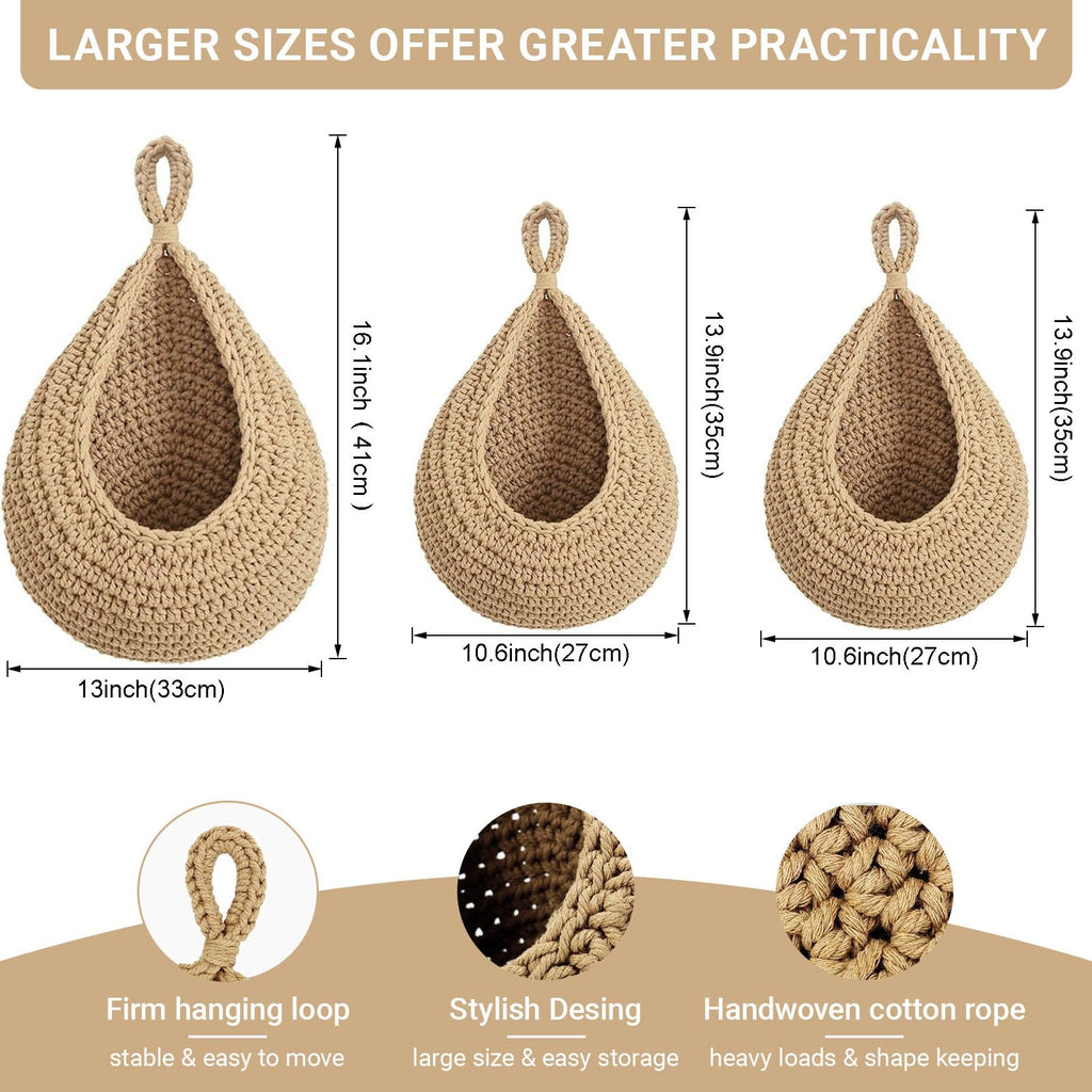 Hanging Fruit Baskets for Kitchen, 3 Pack Boho Cotton Rope Handwoven Vegetable Storage Wall Mounted Large Organizing Basket for Farmhouse Decor, Onion, Potato, Garlic and Plants