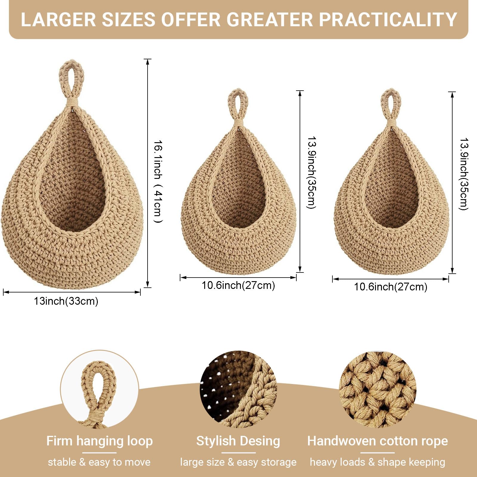 Hanging Fruit Baskets for Kitchen, 3 Pack Boho Cotton Rope Handwoven Vegetable Storage Wall Mounted Large Organizing Basket for Farmhouse Decor, Onion, Potato, Garlic and Plants