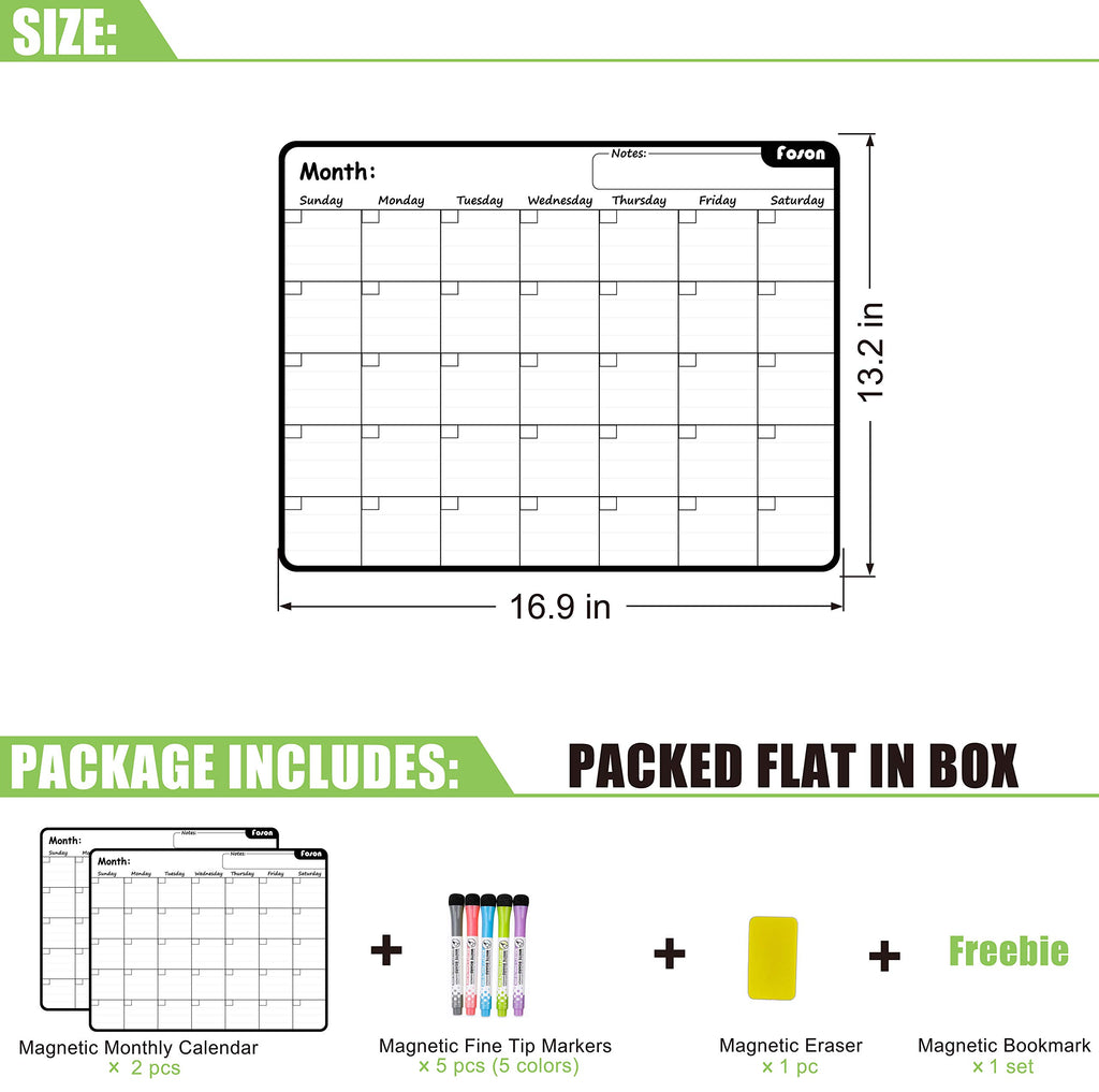 Dry Erase Calendar White Board-Set of 2 Magnetic White&Black Monthly Calendar for Refrigerator Whiteboard with Thickened Magnet Include Five Fine Point Markers