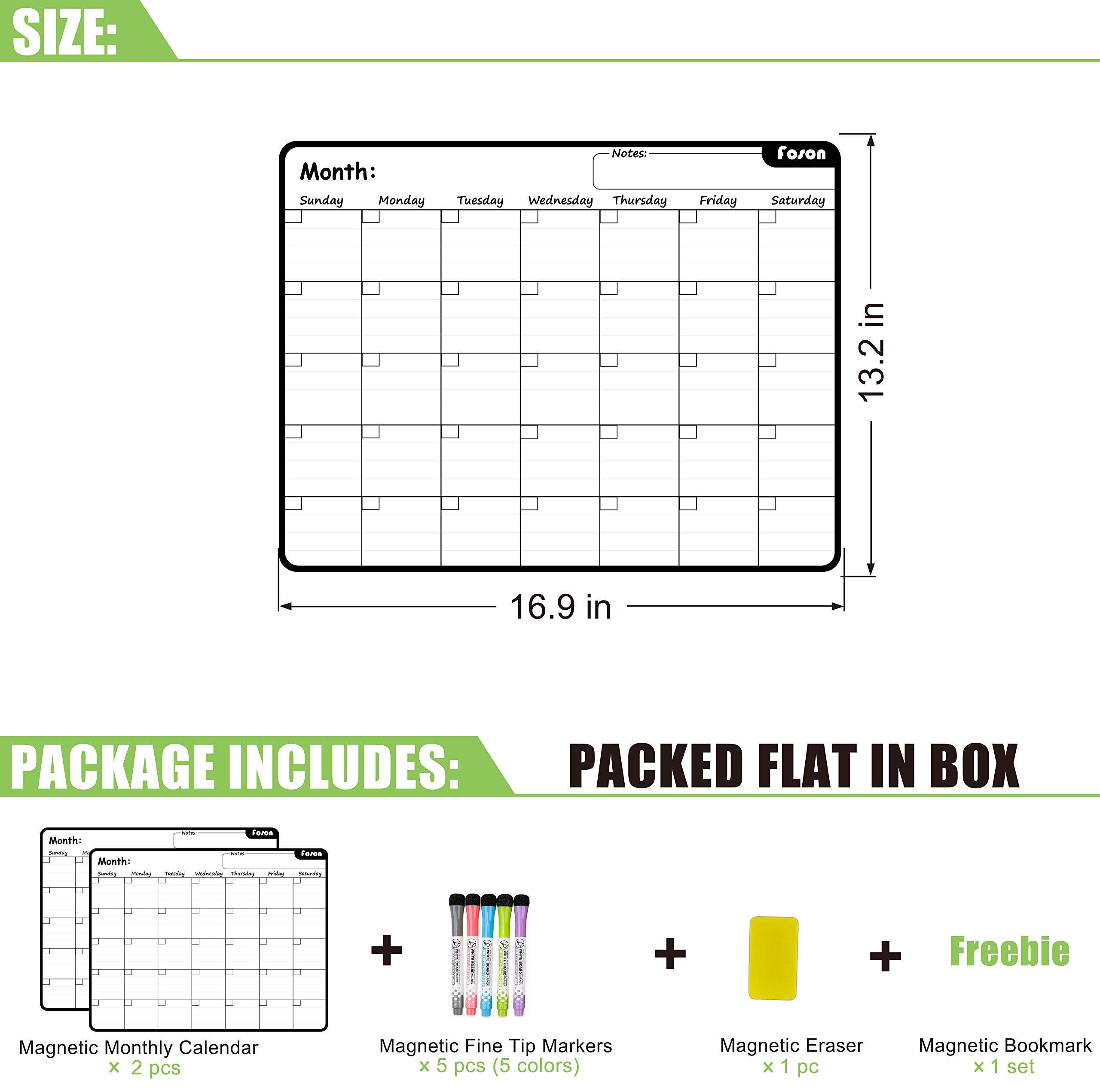 Dry Erase Calendar White Board-Set of 2 Magnetic White&Black Monthly Calendar for Refrigerator Whiteboard with Thickened Magnet Include Five Fine Point Markers