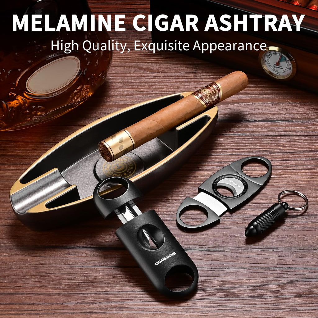 Portable Cigar Ashtray Set With V Cutter, Straight Cutter, Punch - Accessories for Travel, Home, Office, Indoor and Outdoor Use - Gift for Men