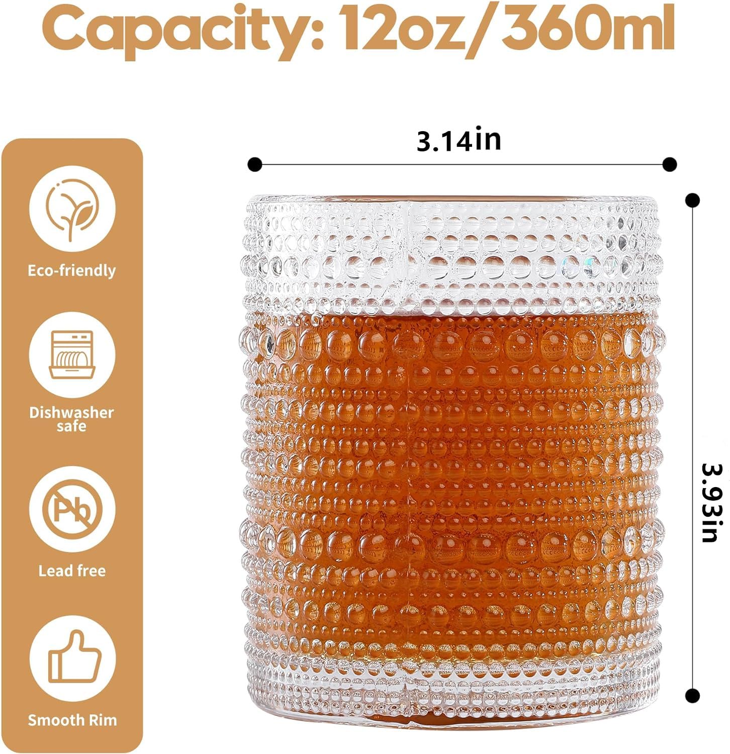 HomeVogue Hobnail Drinking Glasses Set of 6,12 oz Vintage Glassware Set Cocktail Glass Set, Embossed Clear Water Tumbler,for Beer, Whiskey,Juice and Various Mixed Drinks (Clear)