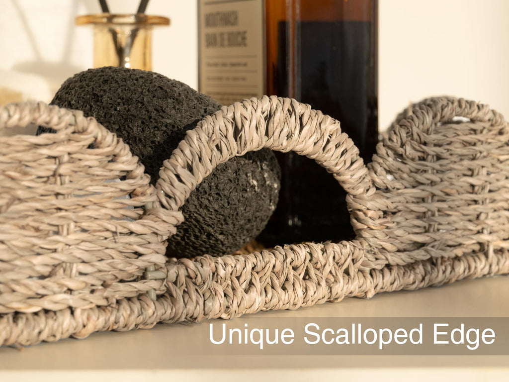 StorageWorks Rectangle Wicker Scalloped Tray, Rattan Serving Trays with Handles, Seagrass Basket for Decorative & Organizing, 15.75" L x 11.5" W x 2.75" H
