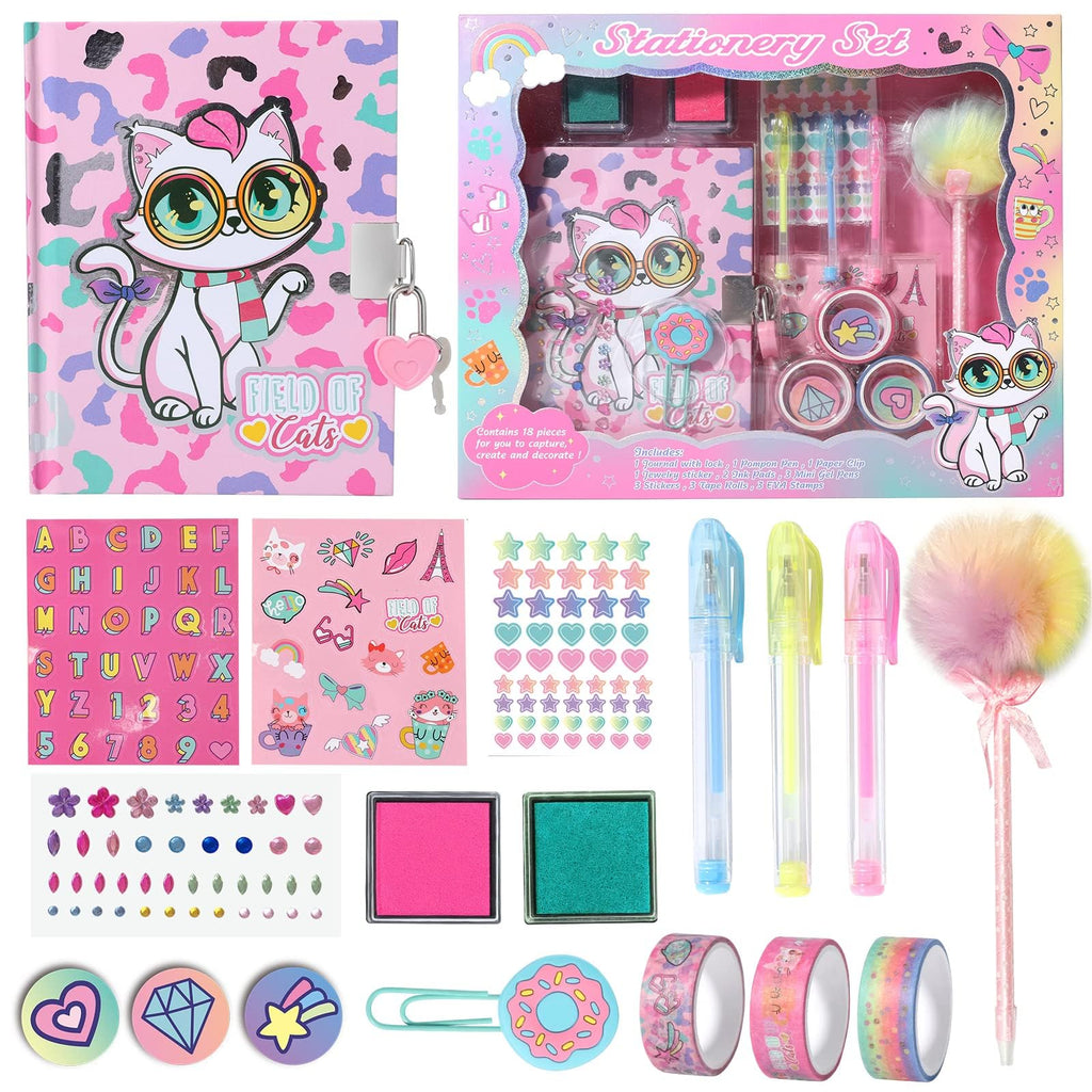 Cat Diary for Girls with Lock, Cat Stationery Set with Secret Diary, Stamps, Pens, Cat Journal Notebook Birthday Gifts for Little Girls Age 5 6 7 8 9 10-12