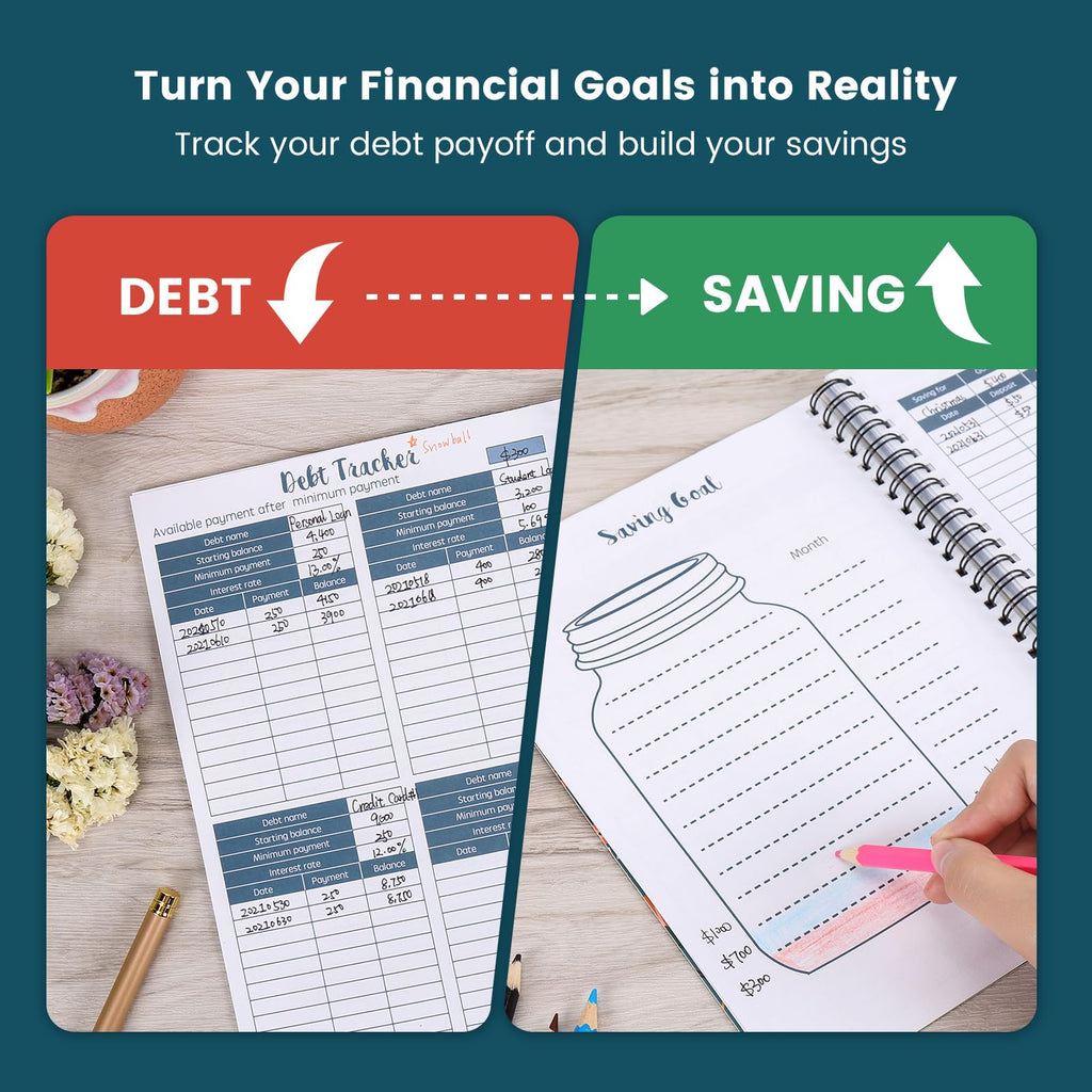 Monthly Financial Budget Planner (Undated) with 12 Pockets for Income, Debt, Saving, Expense and Bill Tracker Organizer, Blue, Spiral Design