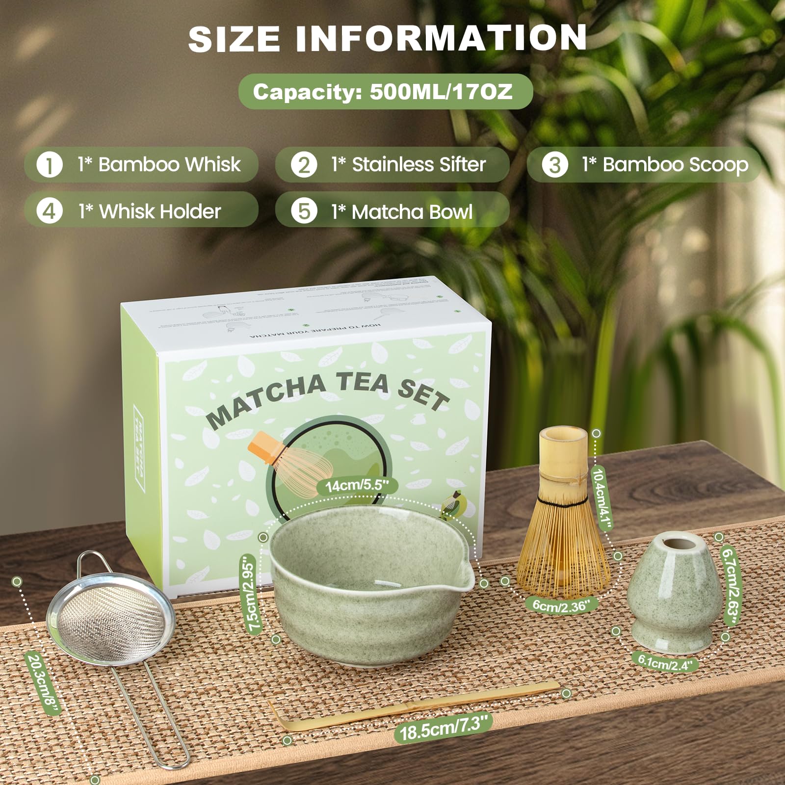 Matcha Whisk Set, 5 Pcs Ceramic Matcha Set Includes Bowl with Spout, Whisk, Holder, Bamboo Scoop and Sifter, Matcha Tea Kit for Matcha Lovers, Ideal Gift for Christmas, Birthday, Green