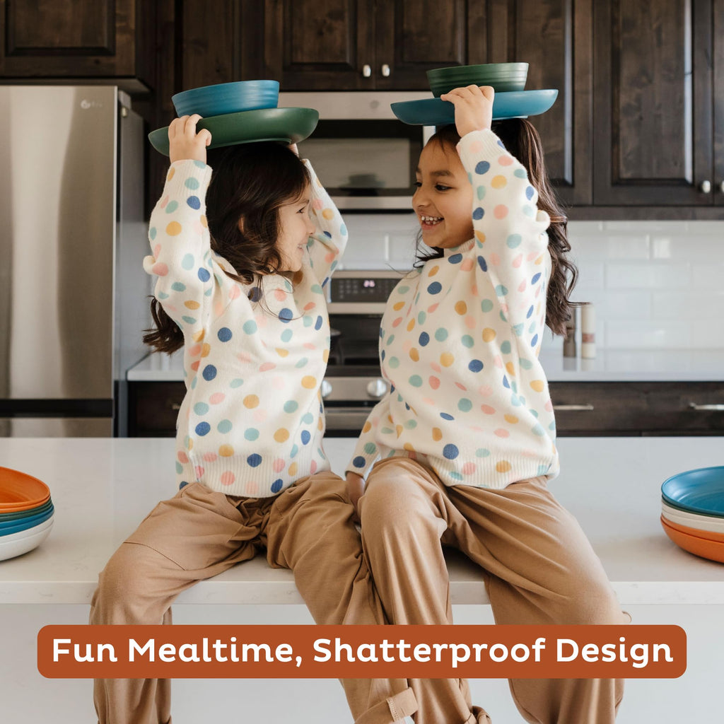 Nook Theory Reusable Wheat Straw Plates 8 Pcs - Non Toxic Kids and Toddler Plate, Microwavable, Dishwasher Safe and Unbreakable Dinnerware (Meadow 9")
