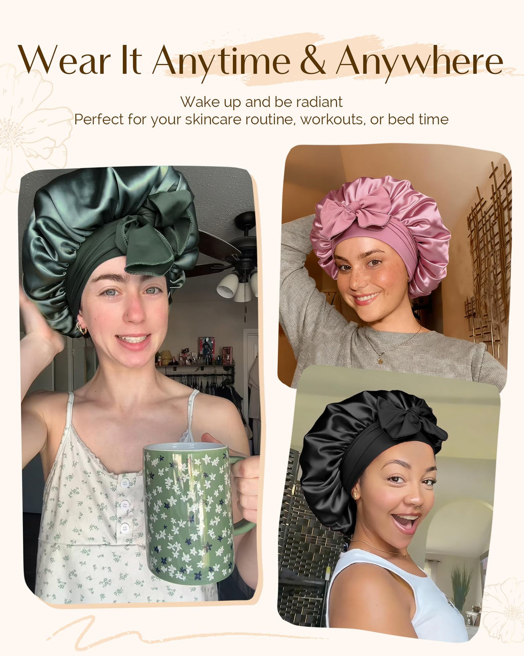YANIBEST Silk Satin Bonnet for Sleeping Double Layer Hair Bonnet with Elastic Tie Band for Curly Natural Hair