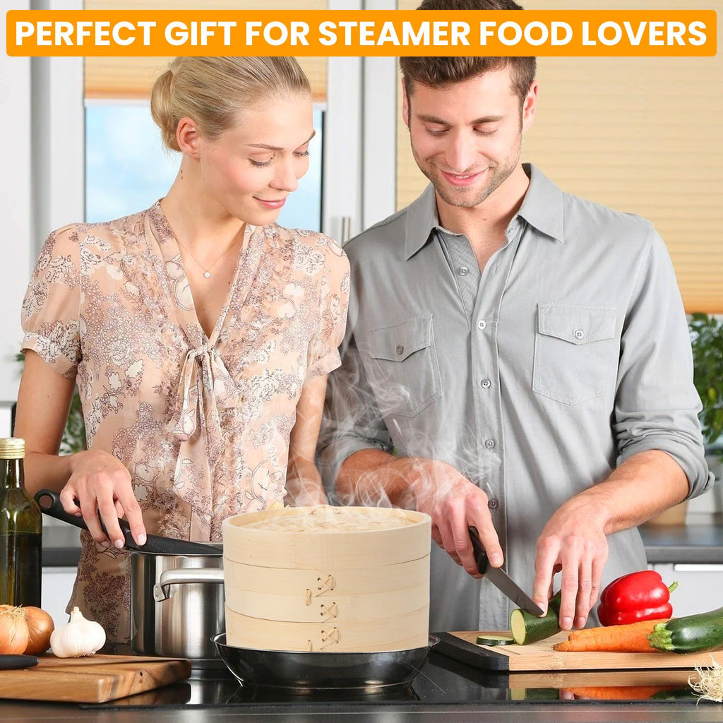 61 PCS 8 Inch 2 Tier Bamboo Steamer, Bamboo Steamer Basket, Dim Sum Basket, with 1Ring Adapter, 2Reusable Silicone Liner, 2 pairs of chopsticks, 2Sauce Dishes, 50Paper Liners, 1Ring