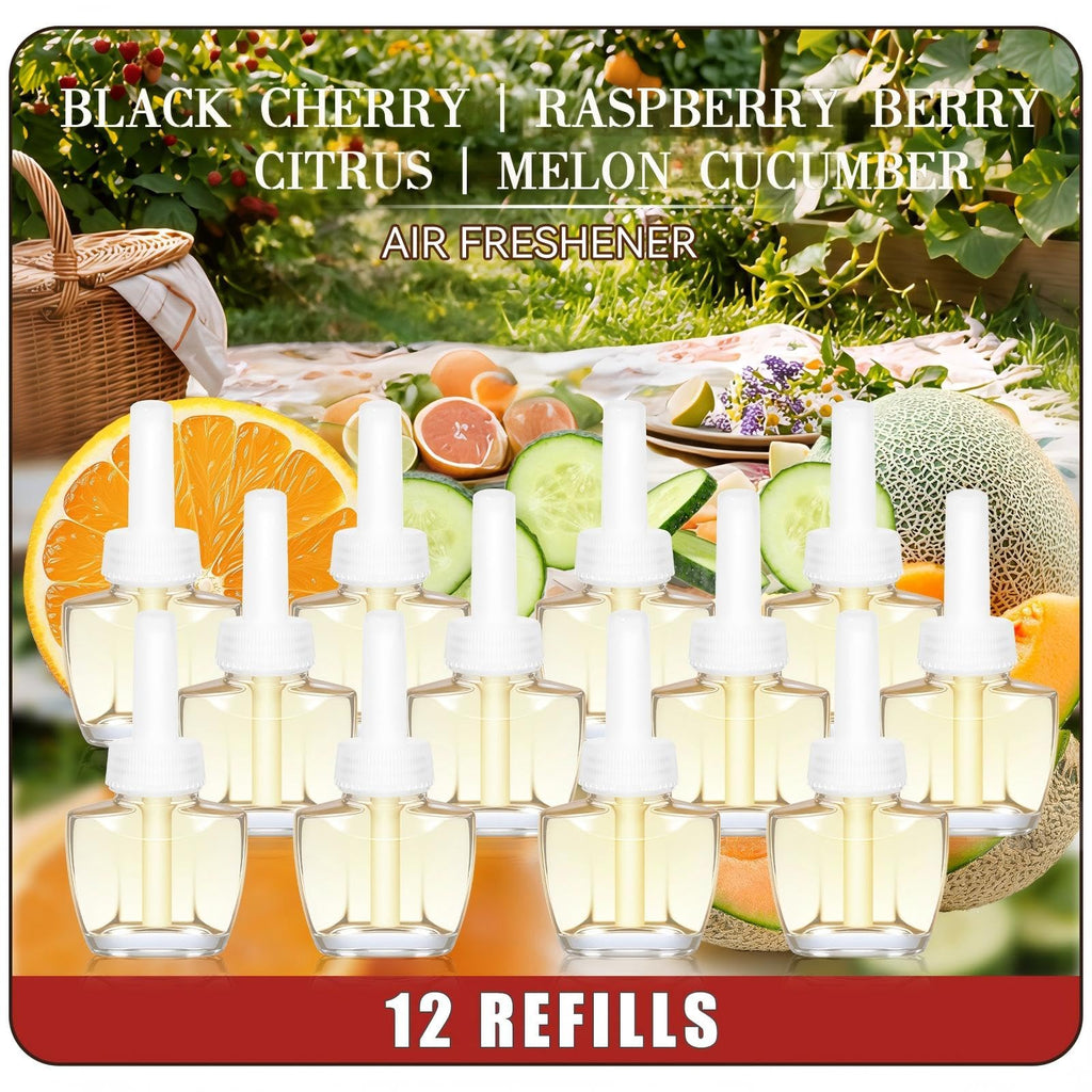 Plug In Air Freshener Refills, Black Cherry, Raspberry Berry, Citrus & Melon Cucumber Scent For Home, 12 Count Plug-In Fragrance Refill, Compatible with Air Wick & Glade, Not Include Glade Plus